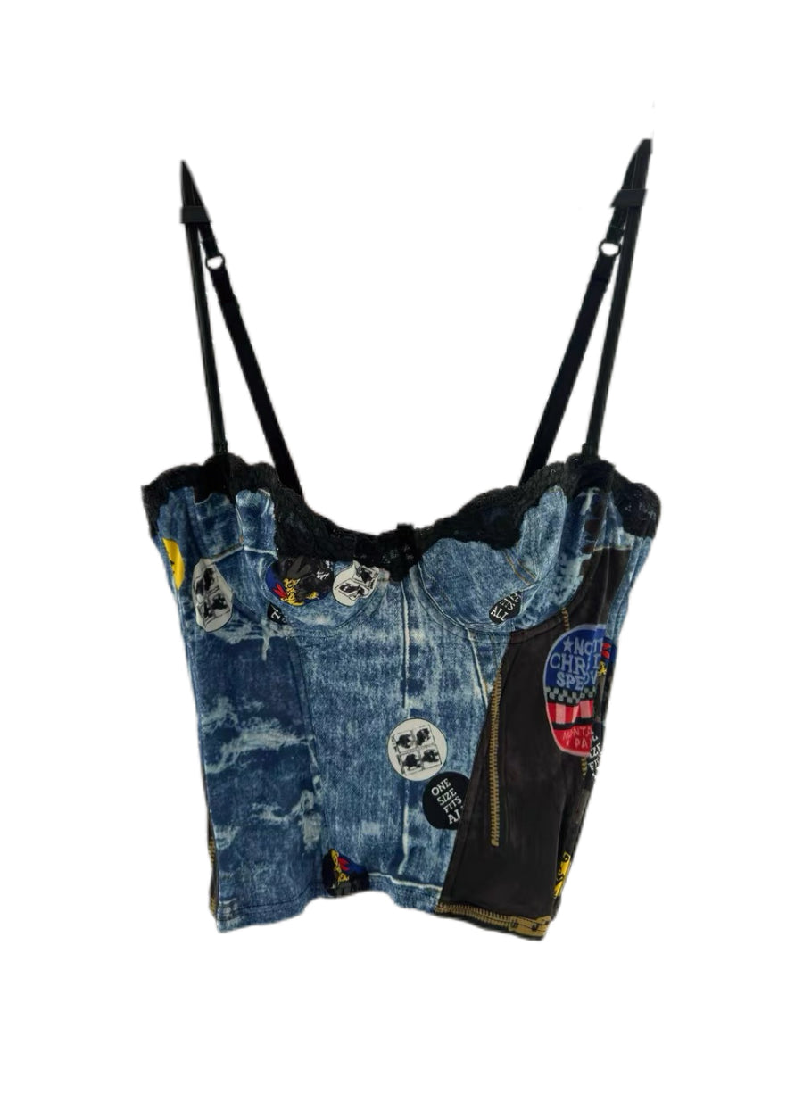 Christian Dior by John Galliano Rare Denim Print Corset Cami Bustier Top