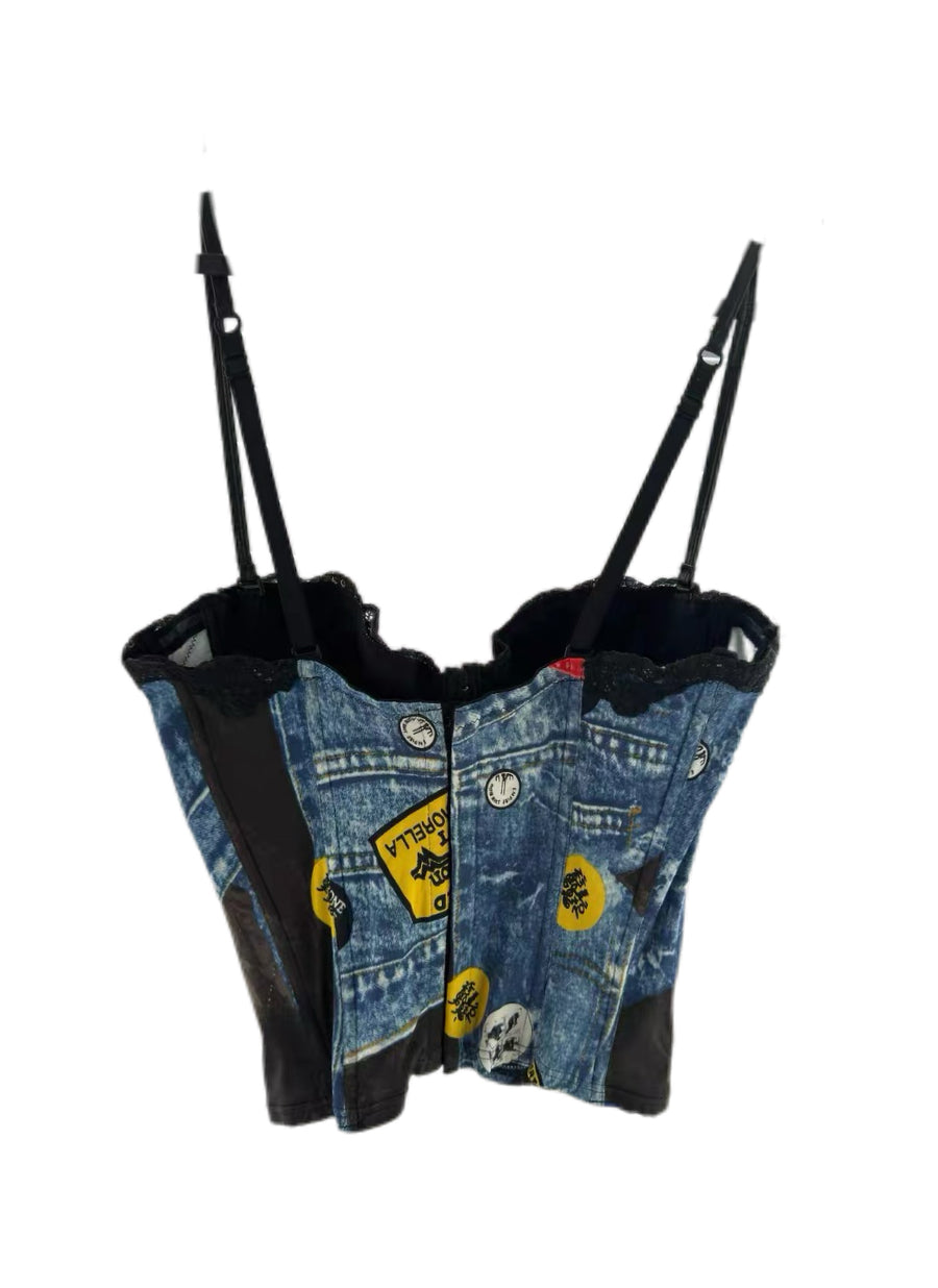 Christian Dior by John Galliano Rare Denim Print Corset Cami Bustier Top