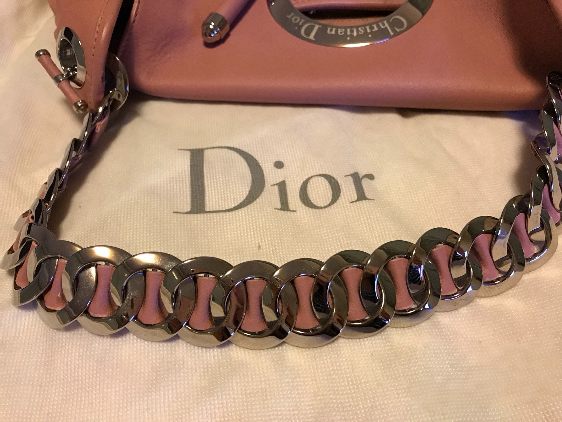 Christian Dior Galliano Era Pink Leather Chain Bag – Sculptural Hardware Shoulder Bag with Ring Lock
