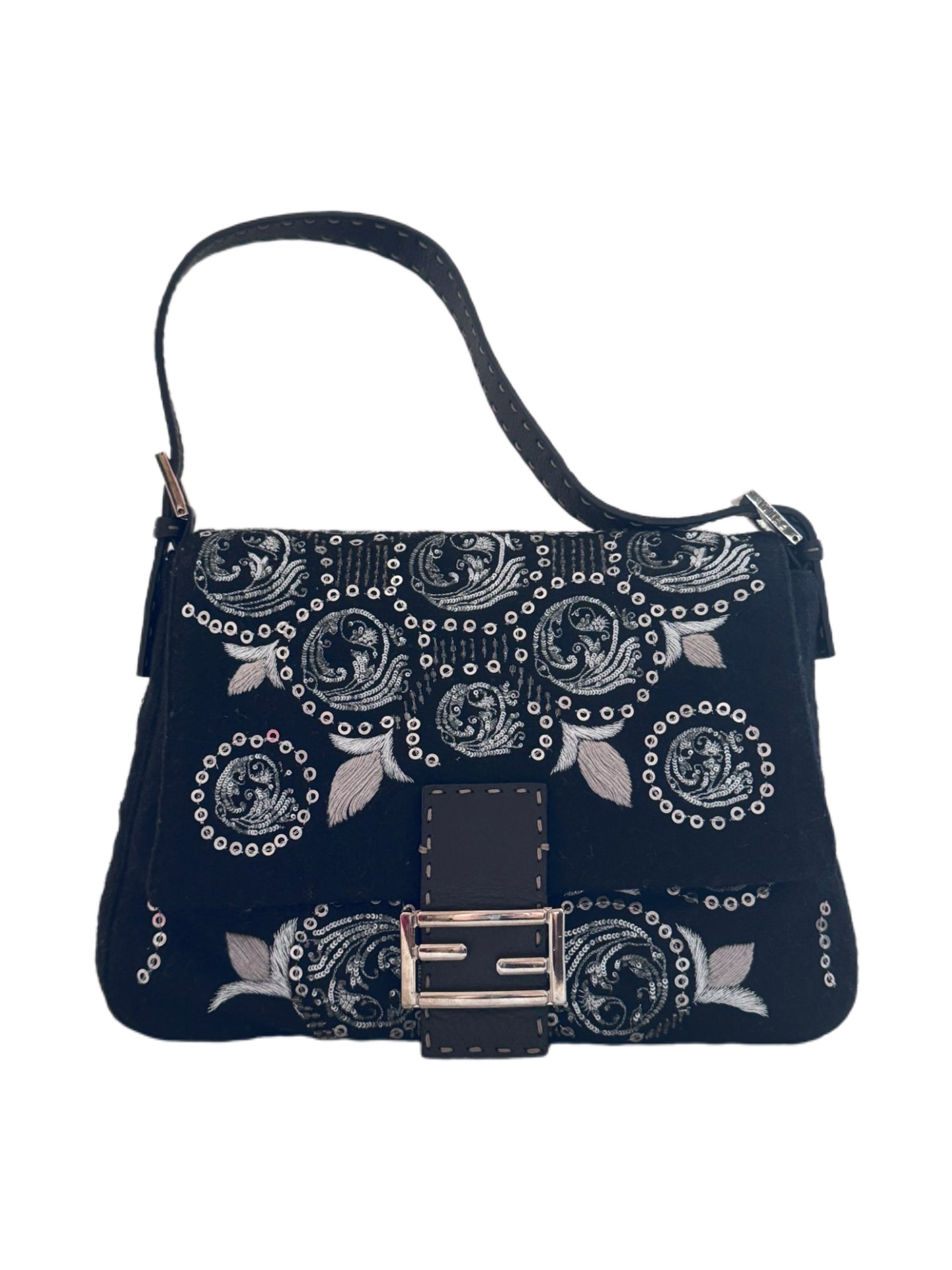 Fendi Large Baguette Heavy Embroidered Tribal Motif Suede Shoulder Bag