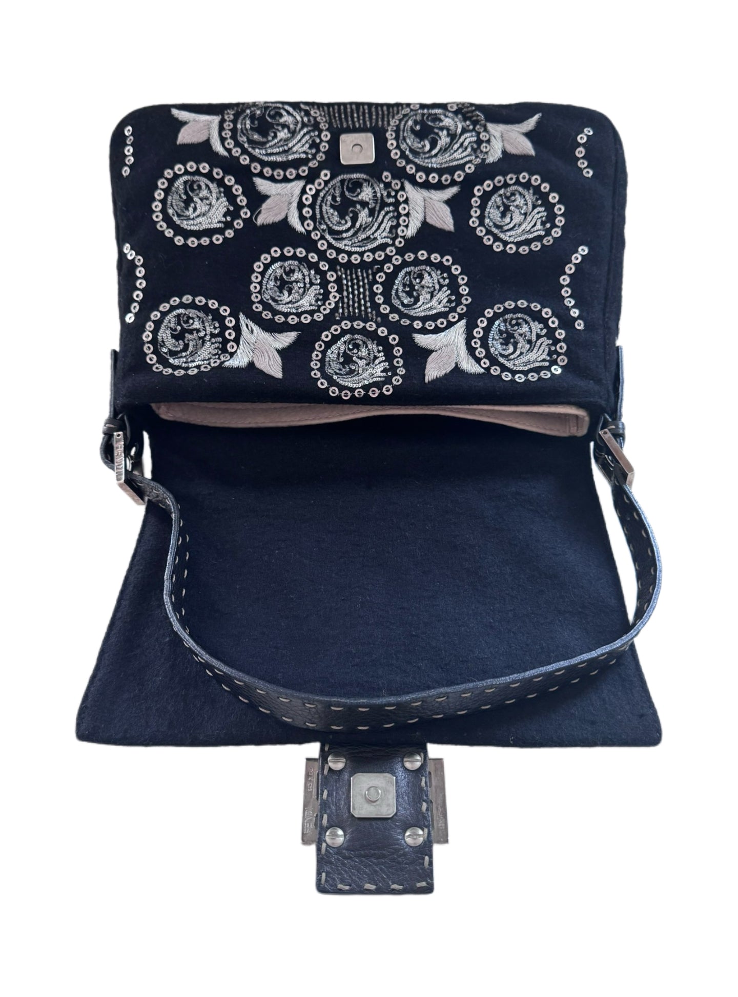 Fendi Large Baguette Heavy Embroidered Tribal Motif Suede Shoulder Bag
