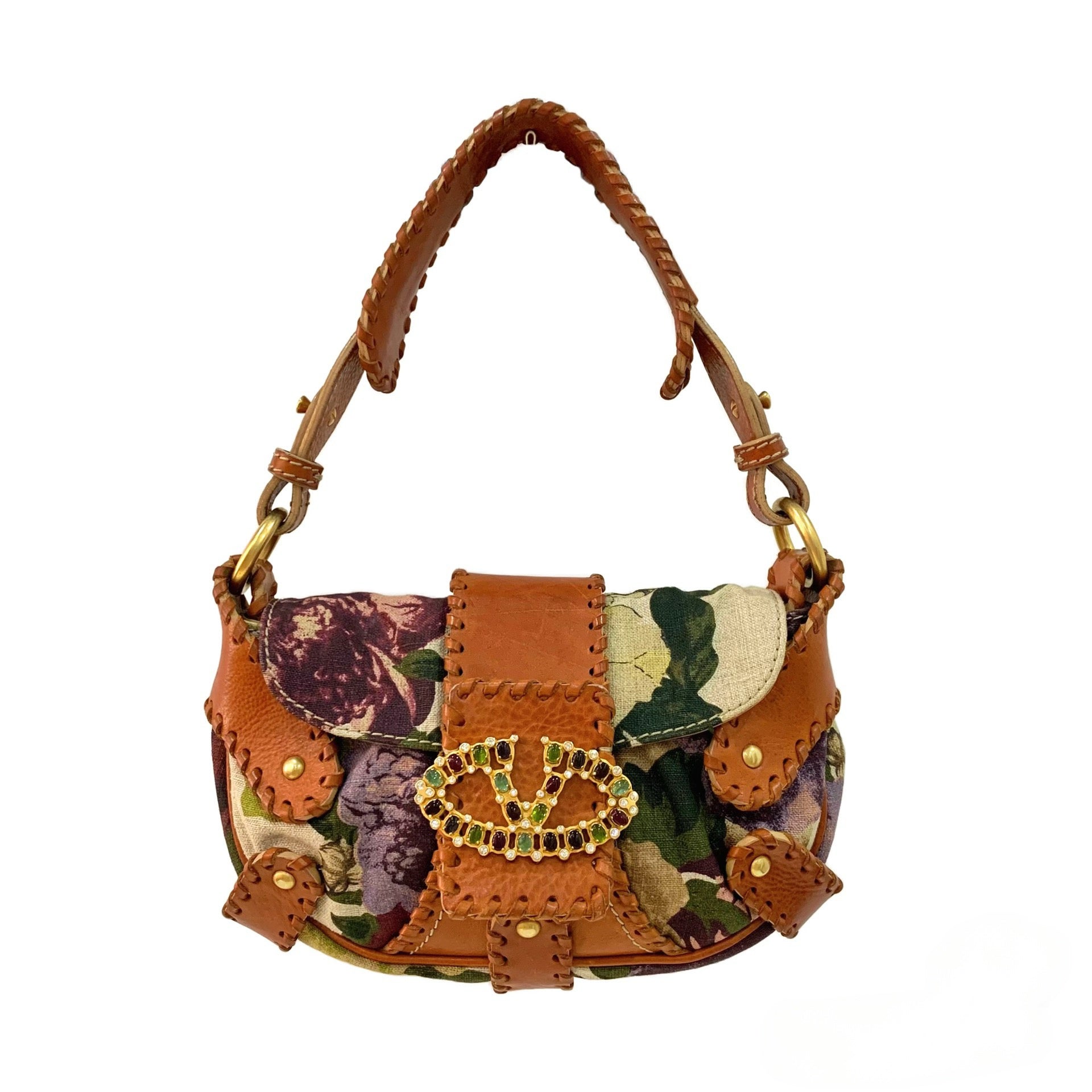 Valentino Runway Floral Print Leather & Canvas Patchwork Bag – Gem-Embellished V Logo Archive Shoulder Bag