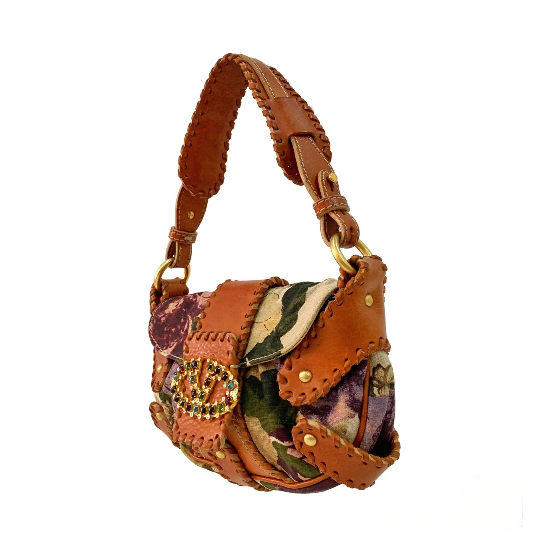 Valentino Runway Floral Print Leather & Canvas Patchwork Bag – Gem-Embellished V Logo Archive Shoulder Bag