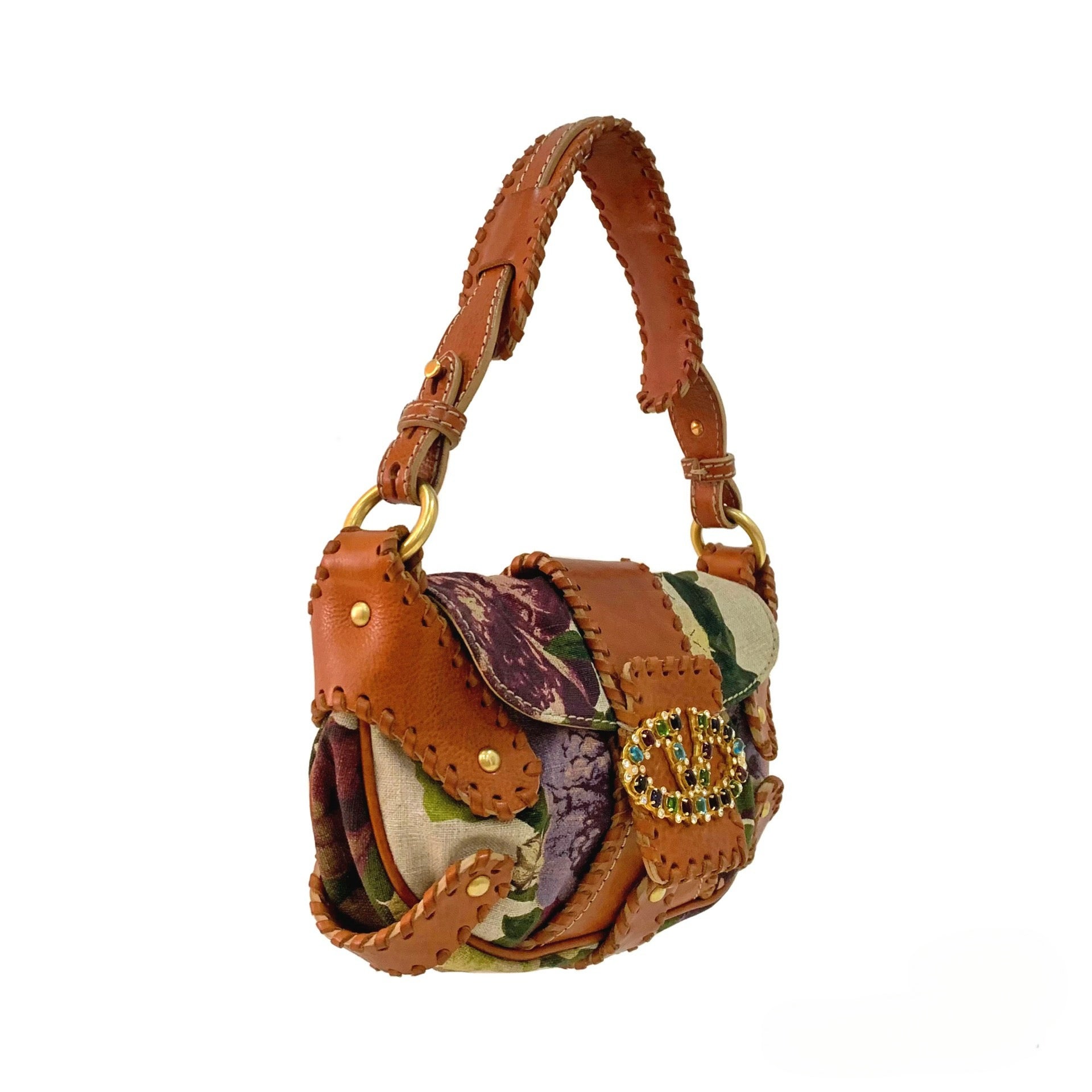Valentino Runway Floral Print Leather & Canvas Patchwork Bag – Gem-Embellished V Logo Archive Shoulder Bag