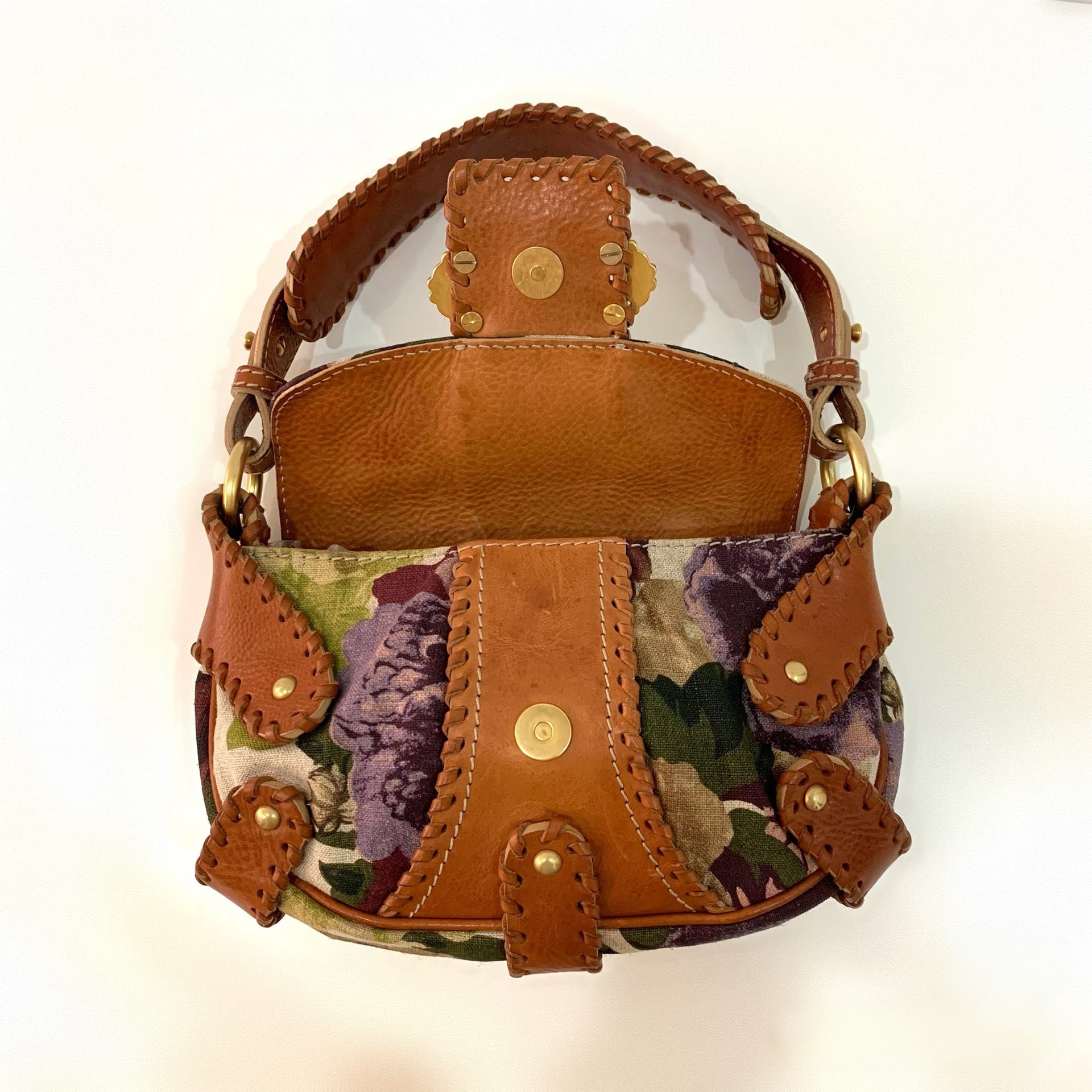 Valentino Runway Floral Print Leather & Canvas Patchwork Bag – Gem-Embellished V Logo Archive Shoulder Bag
