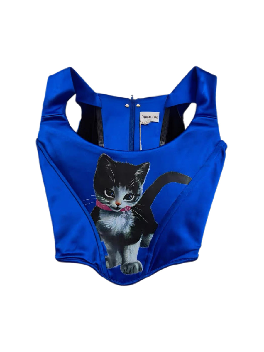 Vivienne Westwood Limited Edition Cat Print Corset Top – Blue Sculpted Bustier Runway Archive (100 Pieces Worldwide)