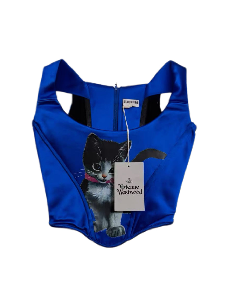 Vivienne Westwood Limited Edition Cat Print Corset Top – Blue Sculpted Bustier Runway Archive (100 Pieces Worldwide)