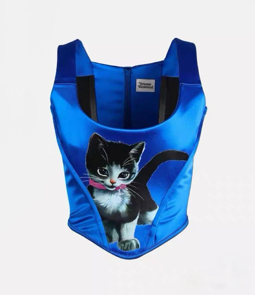 Vivienne Westwood Limited Edition Cat Print Corset Top – Blue Sculpted Bustier Runway Archive (100 Pieces Worldwide)