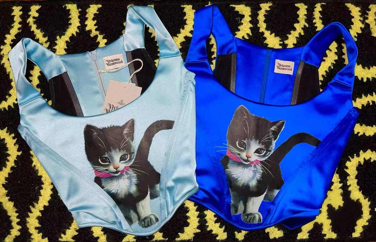 Vivienne Westwood Limited Edition Cat Print Corset Top – Blue Sculpted Bustier Runway Archive (100 Pieces Worldwide)