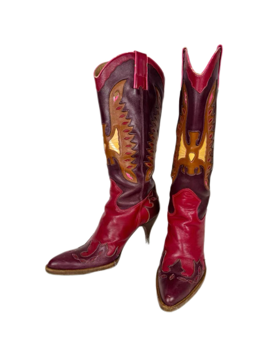 Dolce & Gabbana Vintage Cowboy Knee-High Boots – Red & Burgundy Leather Pointed Toe Heeled Boots (Size 37)