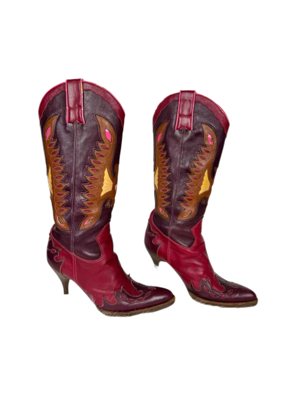 Dolce & Gabbana Vintage Cowboy Knee-High Boots – Red & Burgundy Leather Pointed Toe Heeled Boots (Size 37)
