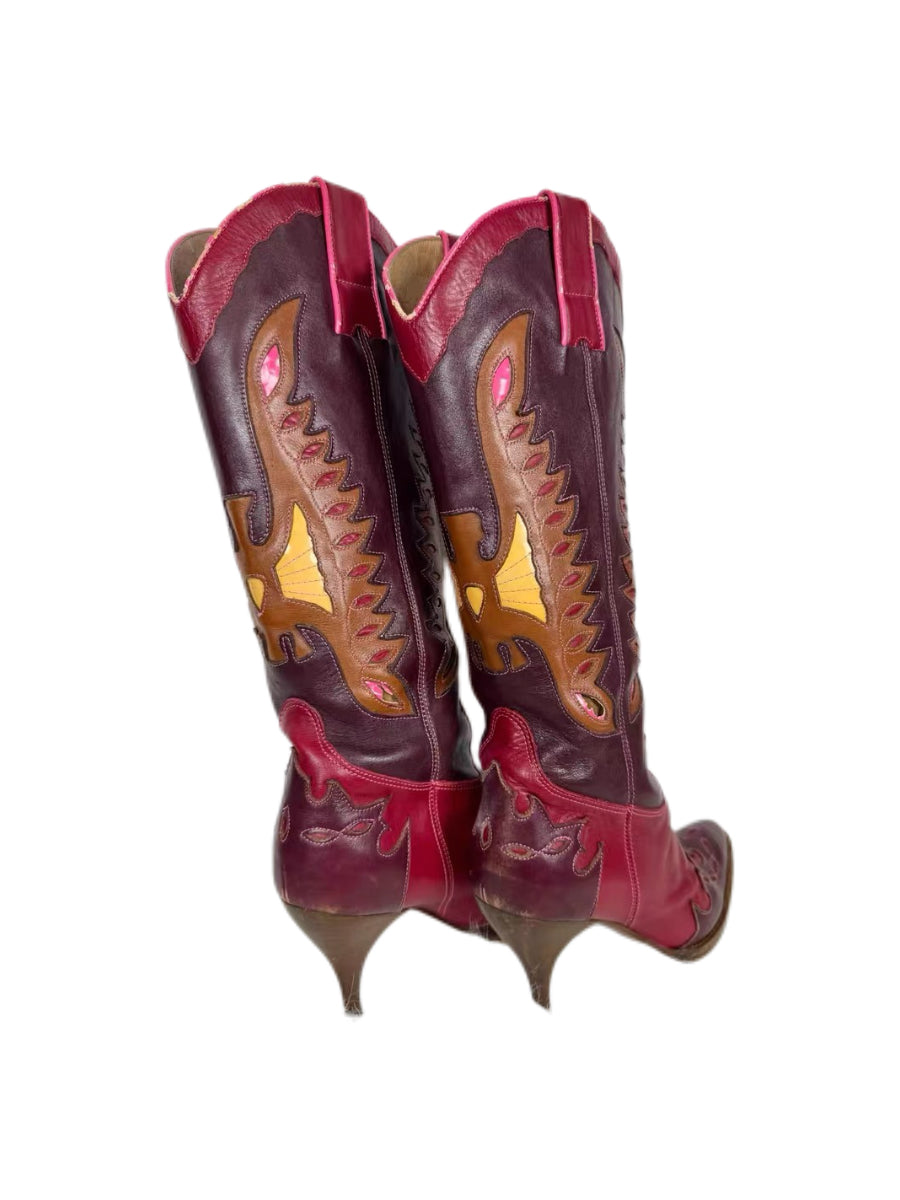 Dolce & Gabbana Vintage Cowboy Knee-High Boots – Red & Burgundy Leather Pointed Toe Heeled Boots (Size 37)
