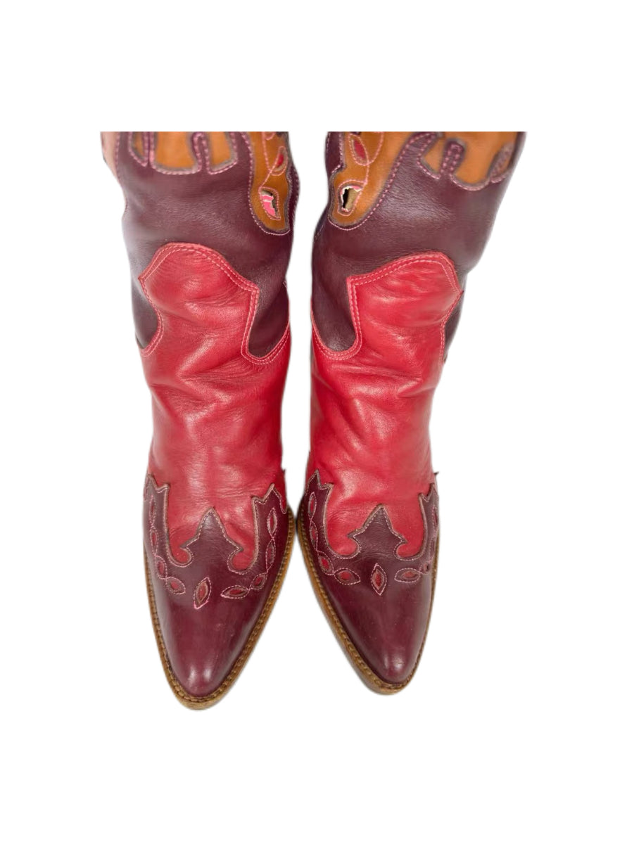Dolce & Gabbana Vintage Cowboy Knee-High Boots – Red & Burgundy Leather Pointed Toe Heeled Boots (Size 37)