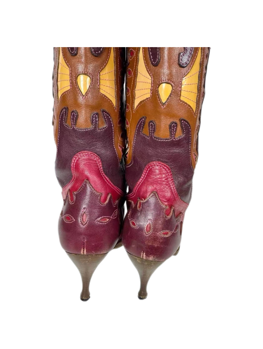 Dolce & Gabbana Vintage Cowboy Knee-High Boots – Red & Burgundy Leather Pointed Toe Heeled Boots (Size 37)