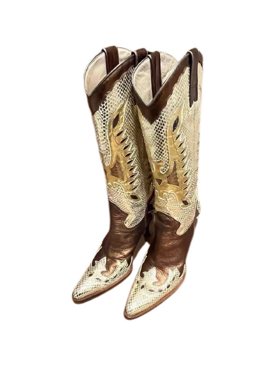 Dolce & Gabbana Vintage Python-Effect Cowboy Boots – Gold & Brown Leather Knee-High Western Heeled Boots (Size 37)