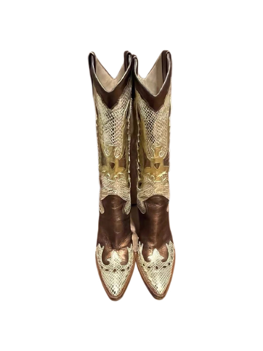 Dolce & Gabbana Vintage Python-Effect Cowboy Boots – Gold & Brown Leather Knee-High Western Heeled Boots (Size 37)
