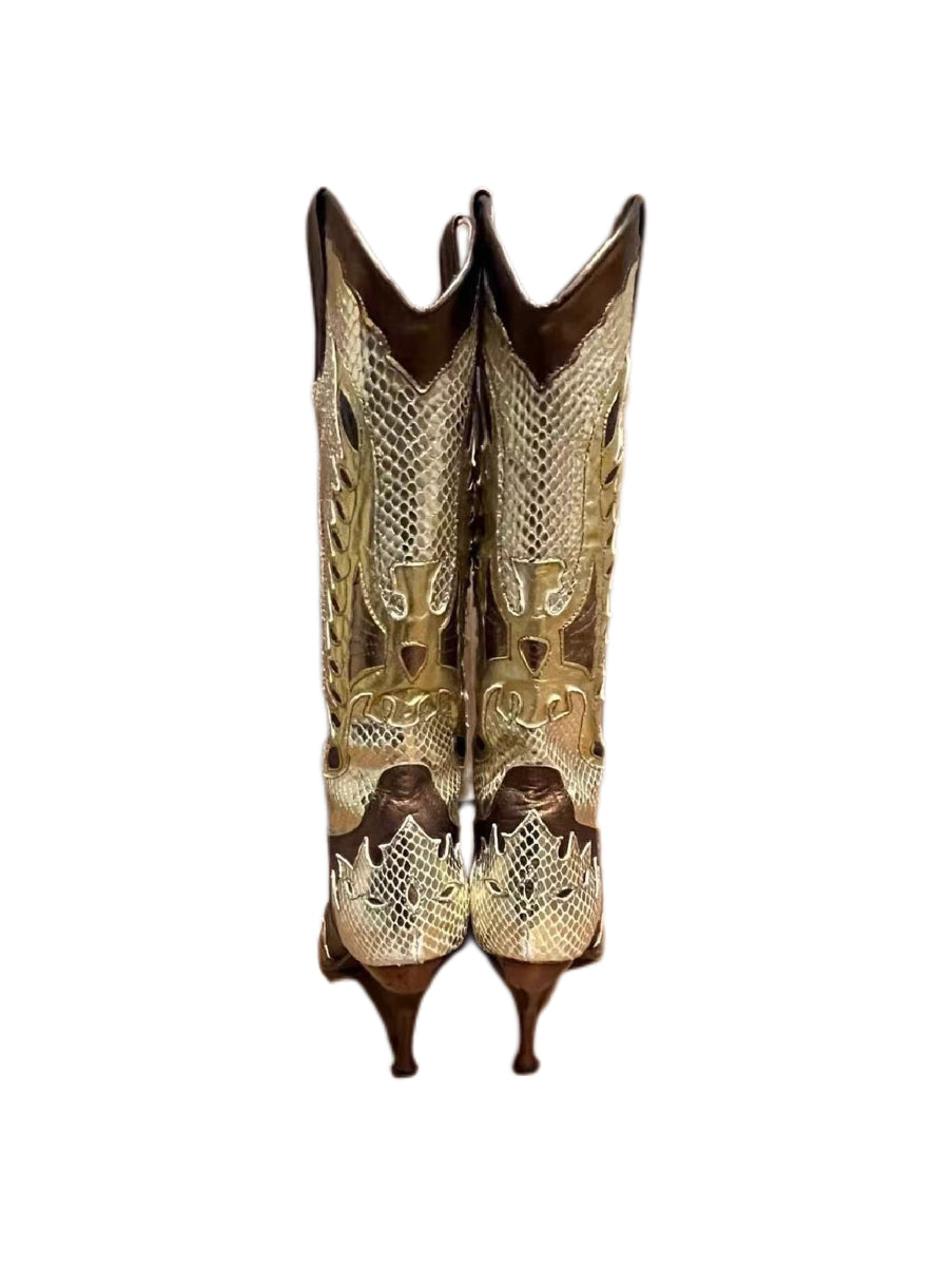 Dolce & Gabbana Vintage Python-Effect Cowboy Boots – Gold & Brown Leather Knee-High Western Heeled Boots (Size 37)
