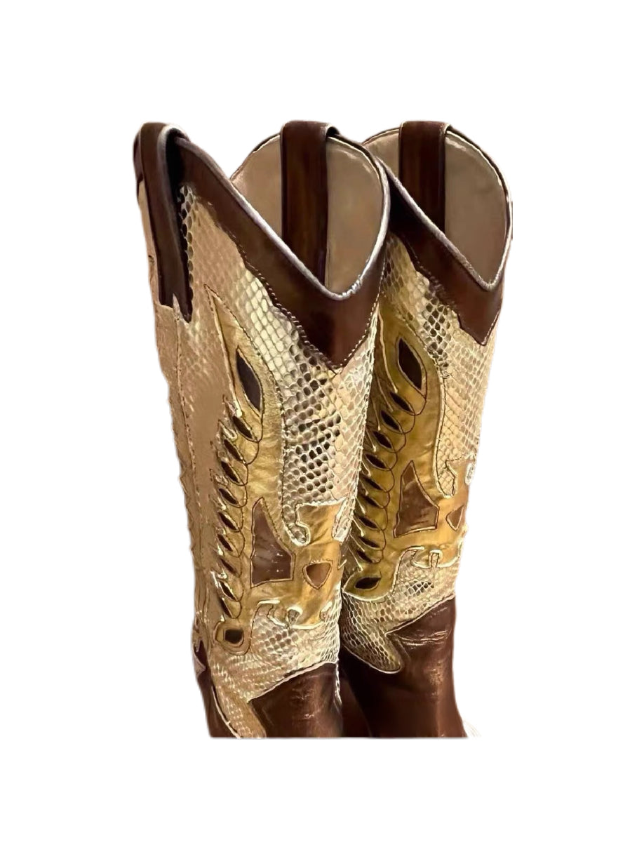 Dolce & Gabbana Vintage Python-Effect Cowboy Boots – Gold & Brown Leather Knee-High Western Heeled Boots (Size 37)