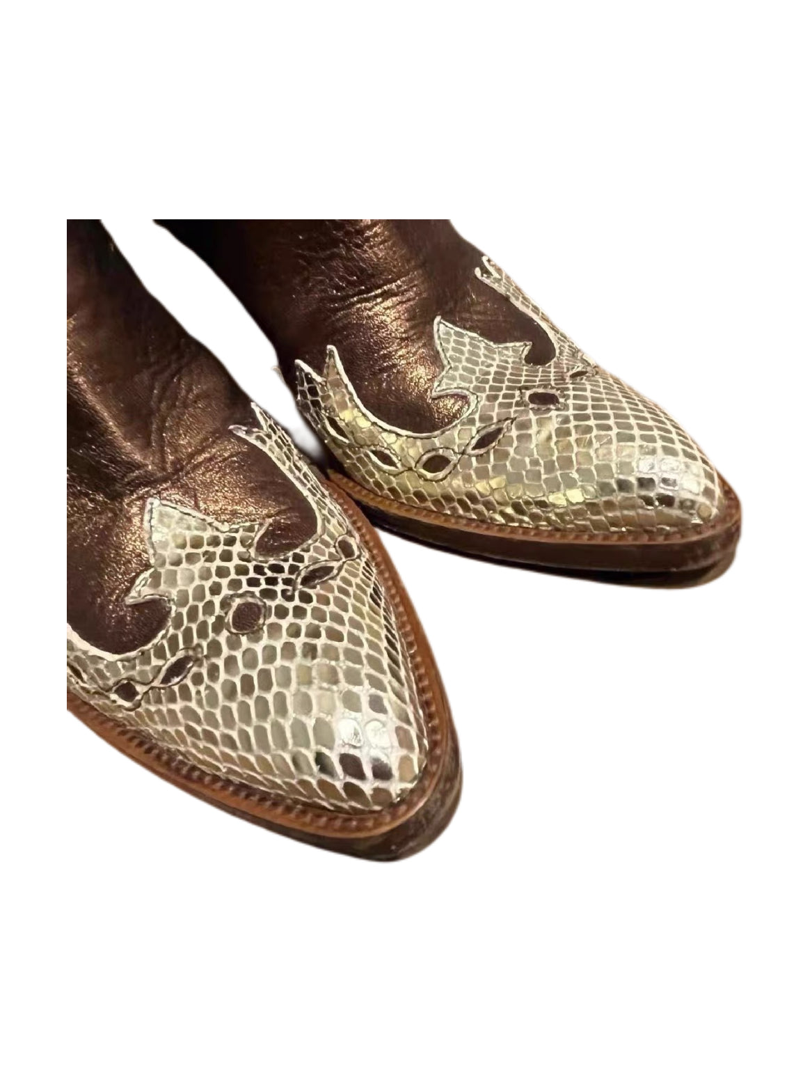 Dolce & Gabbana Vintage Python-Effect Cowboy Boots – Gold & Brown Leather Knee-High Western Heeled Boots (Size 37)