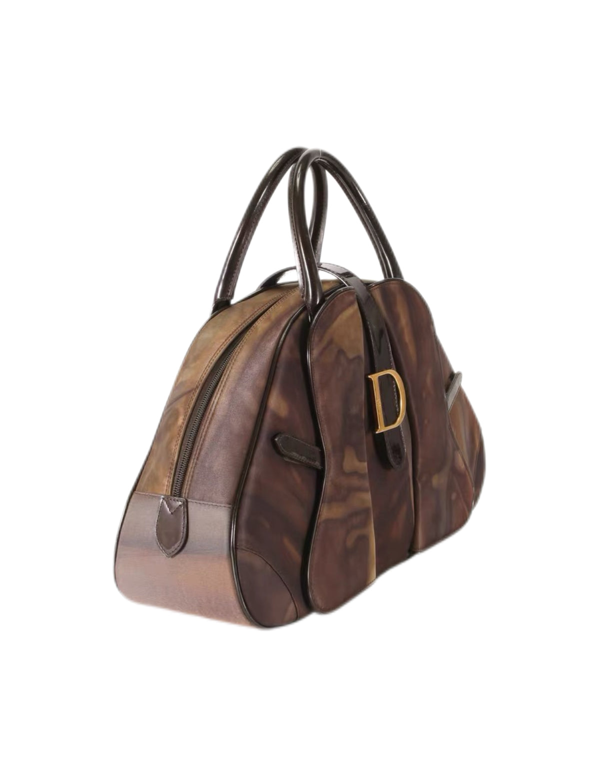 Christian Dior by John Galliano “Detective Bag” Limited Edition – Brown Marble Leather Large D Logo Handbag with Lock & Key