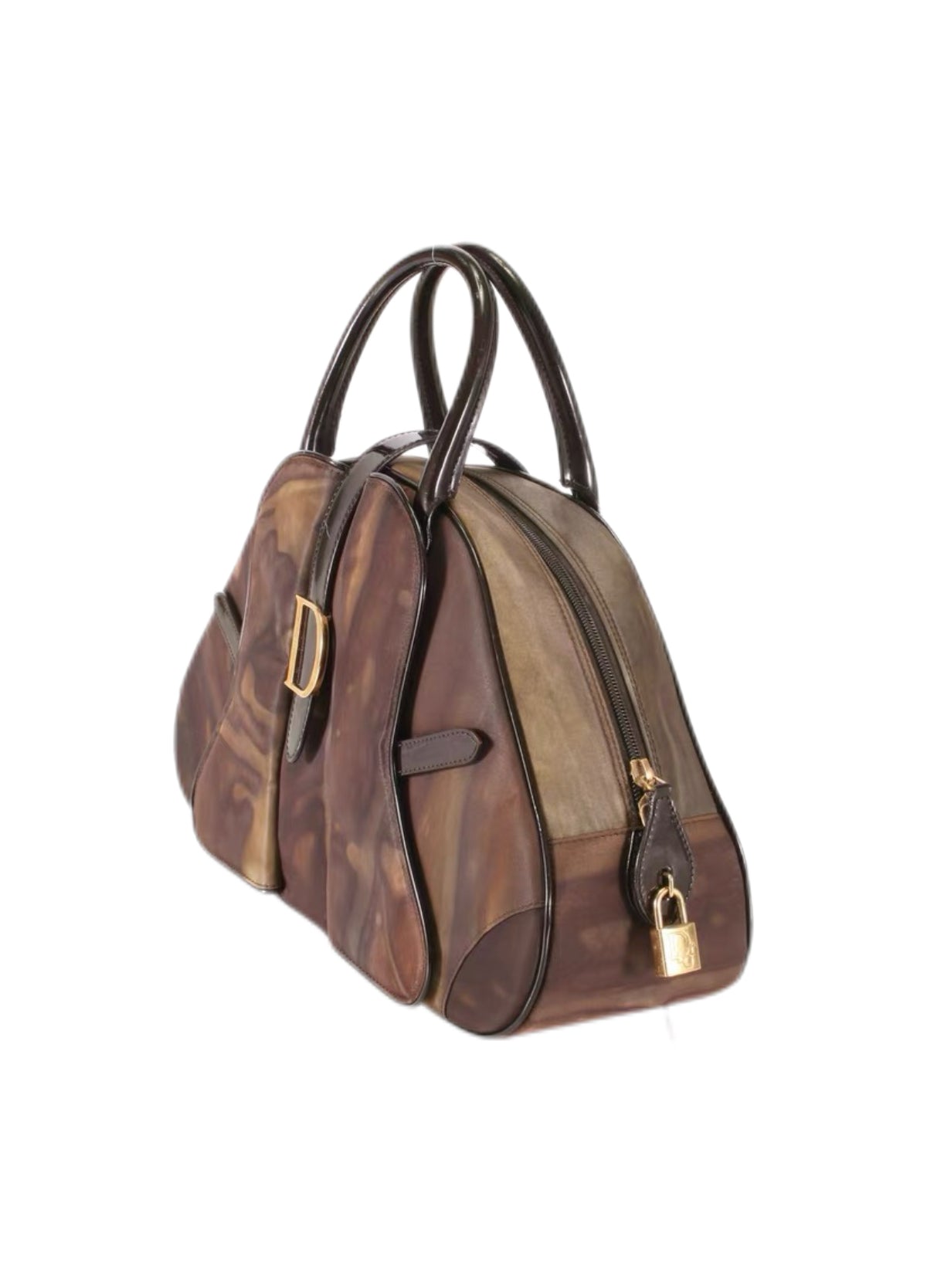 Christian Dior by John Galliano “Detective Bag” Limited Edition – Brown Marble Leather Large D Logo Handbag with Lock & Key