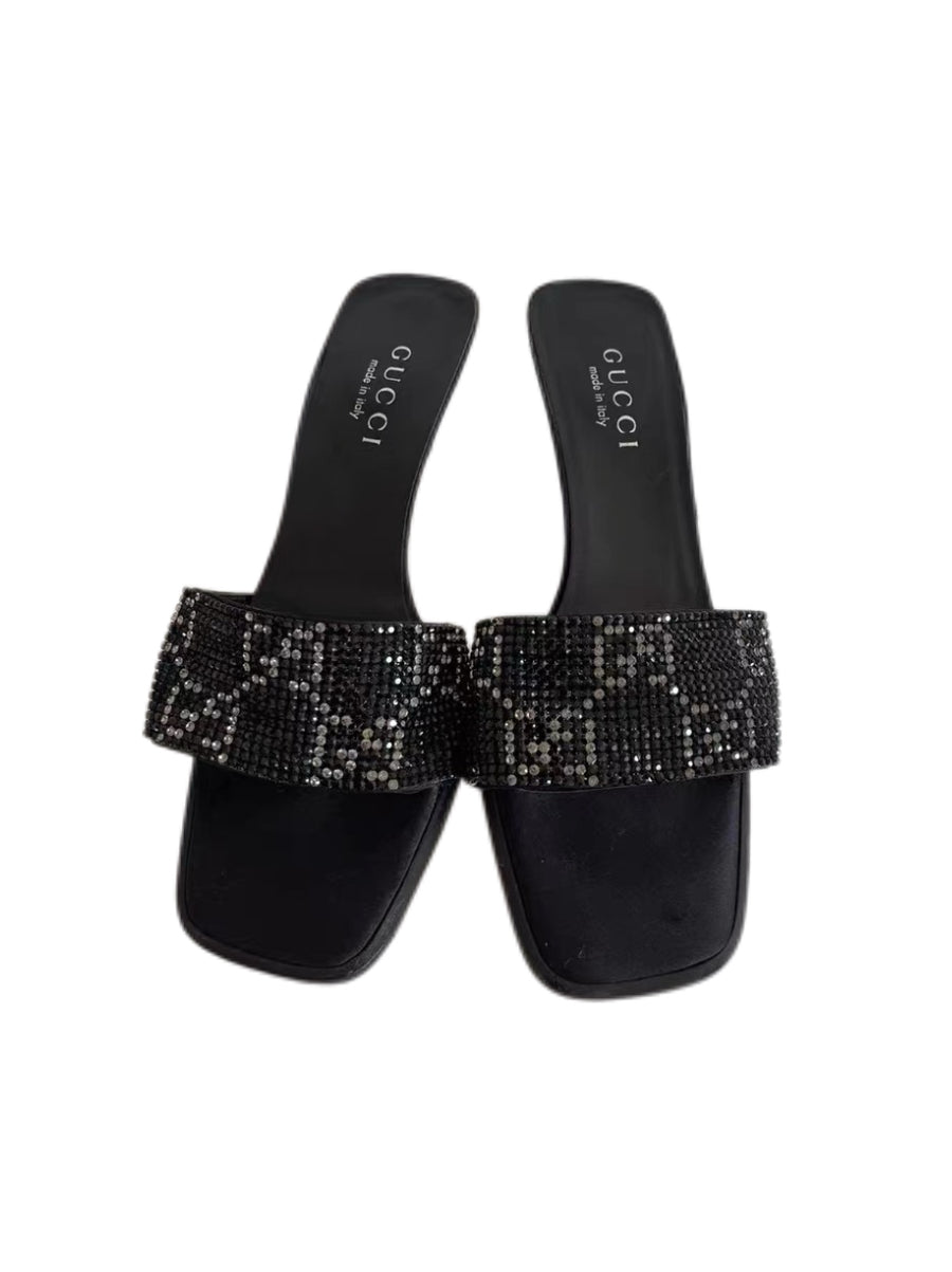 Gucci by Tom Ford 1998 Crystal GG Logo Heeled Sandals – Black Rhinestone Mule Heels