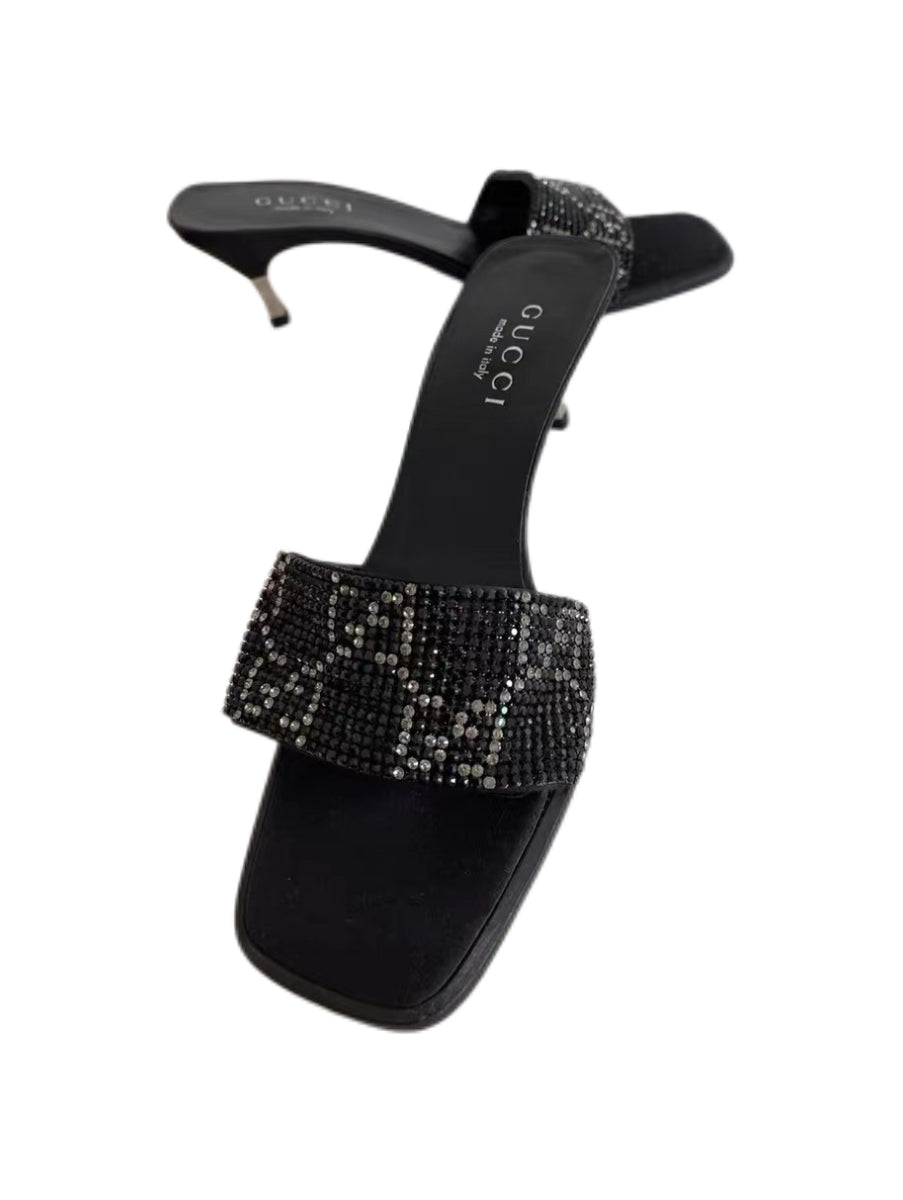 Gucci by Tom Ford 1998 Crystal GG Logo Heeled Sandals – Black Rhinestone Mule Heels