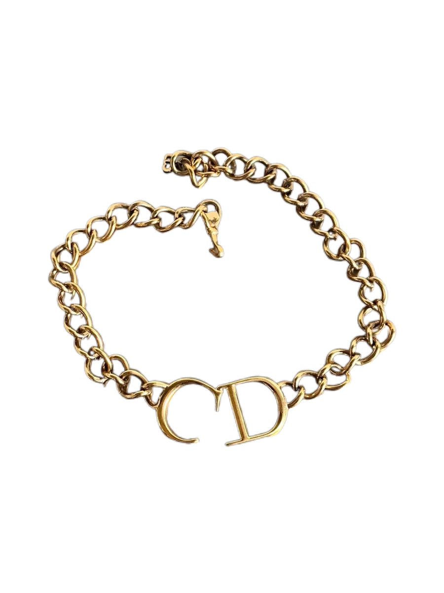 Christian Dior by John Galliano Y2K CD Logo Cuban Chain Choker Necklace – Bella Hadid Style Gold-Tone Statement Piece