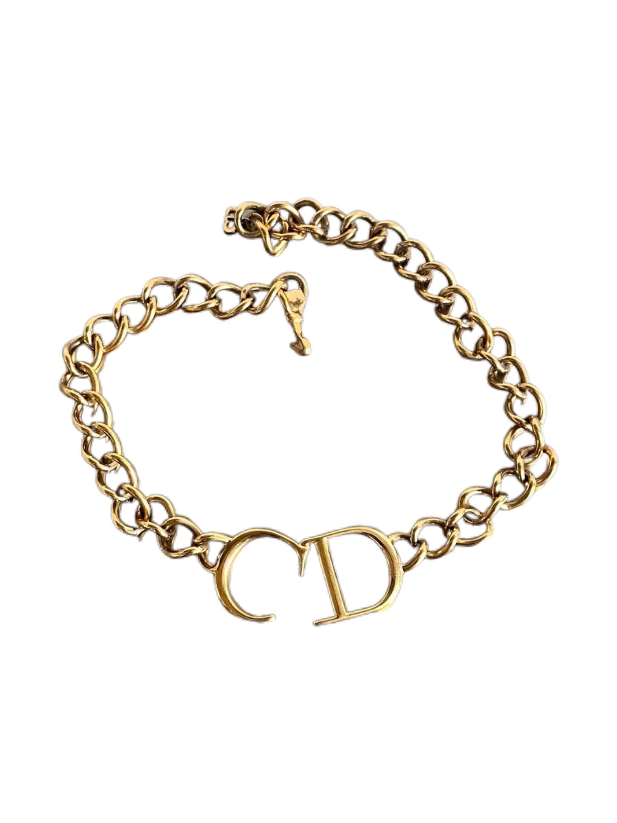 Christian Dior by John Galliano Y2K CD Logo Cuban Chain Choker Necklace – Bella Hadid Style Gold-Tone Statement Piece