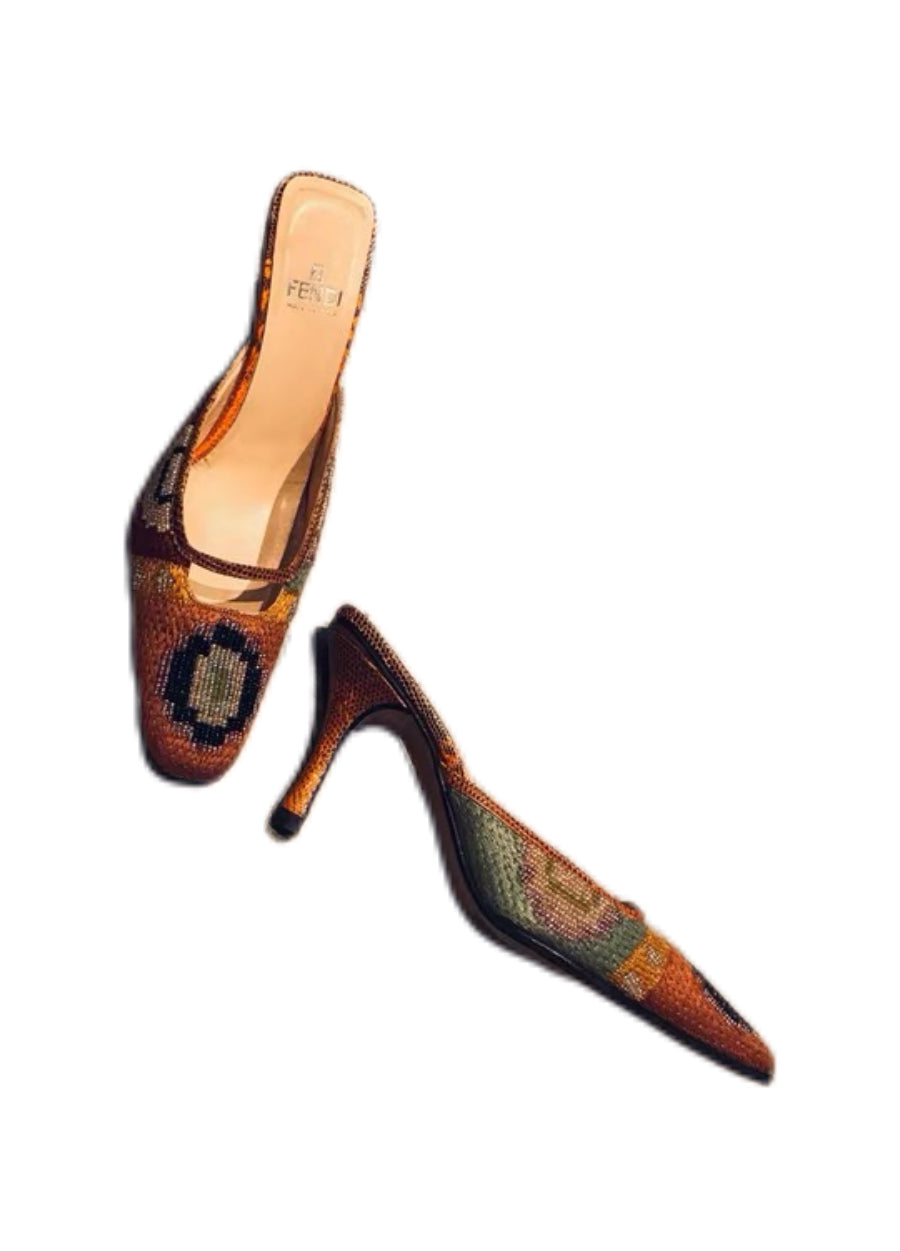 Fendi Vintage Beaded Embroidered Mule Heels