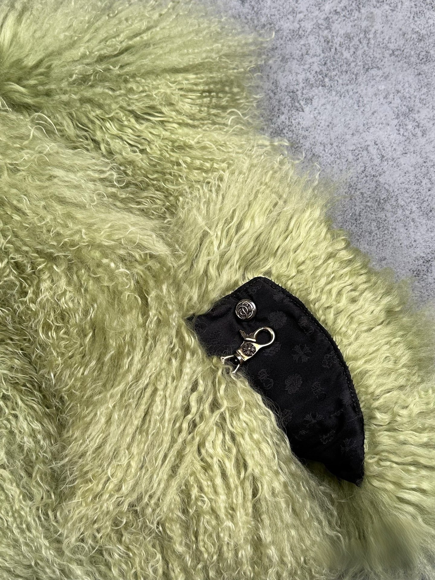 Chrome Hearts Moss Green Lamb Fur Jacket – Limited Edition Silver Hardware Cross Patch Archive Piece