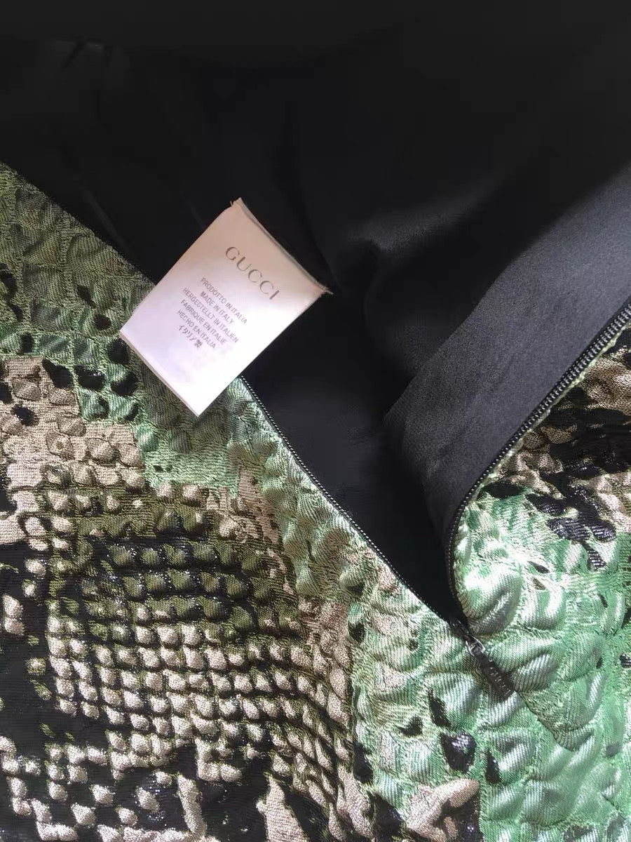 Gucci Runway Python Snake Print Jacquard Mini Dress Green Shift Dress Size 40
