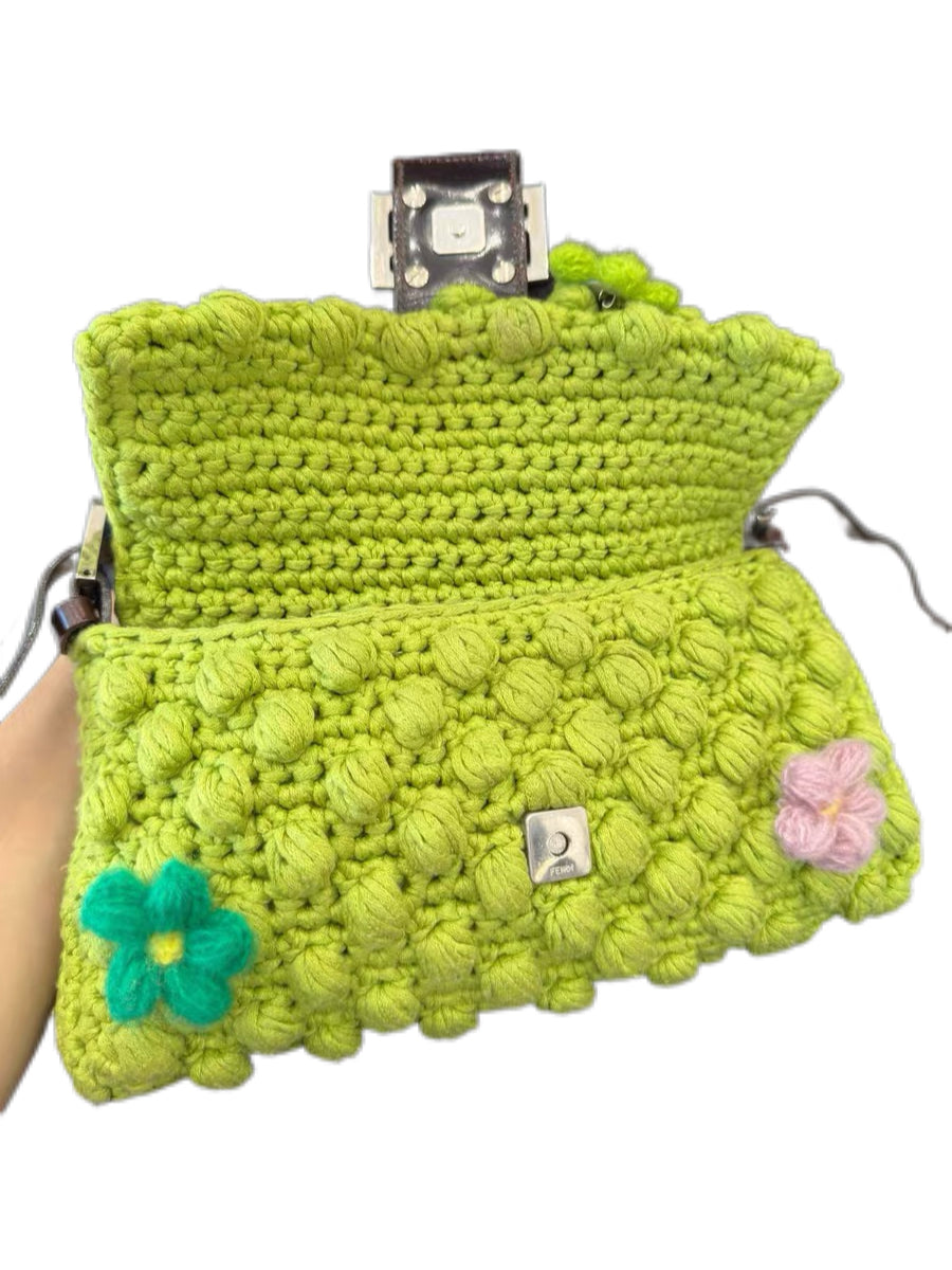 Fendi Vintage Floral Crochet Baguette Shoulder Bag