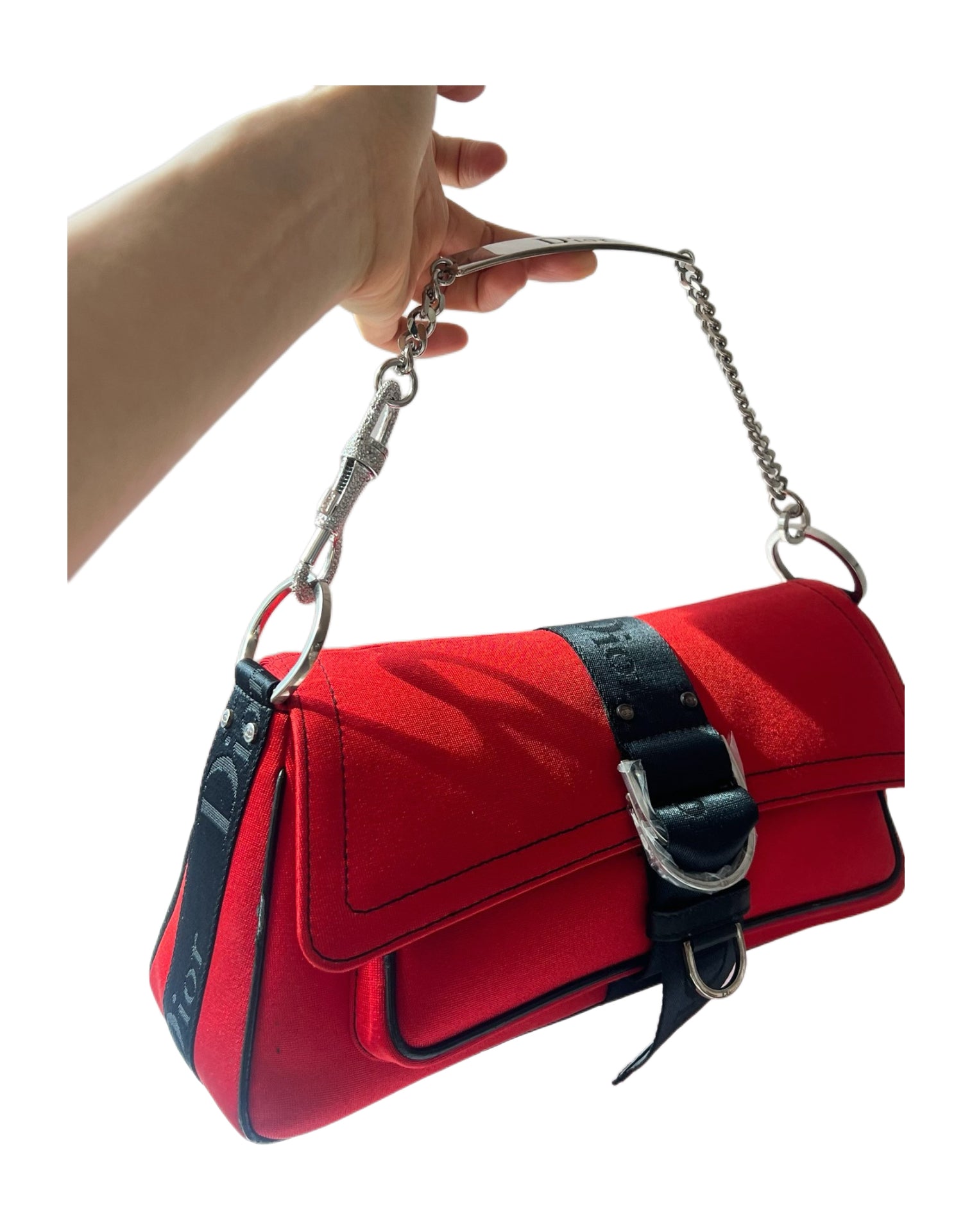 Christian Dior by John Galliano Vintage Red Silk Crystal Lobster-Clasp Chain Handbag