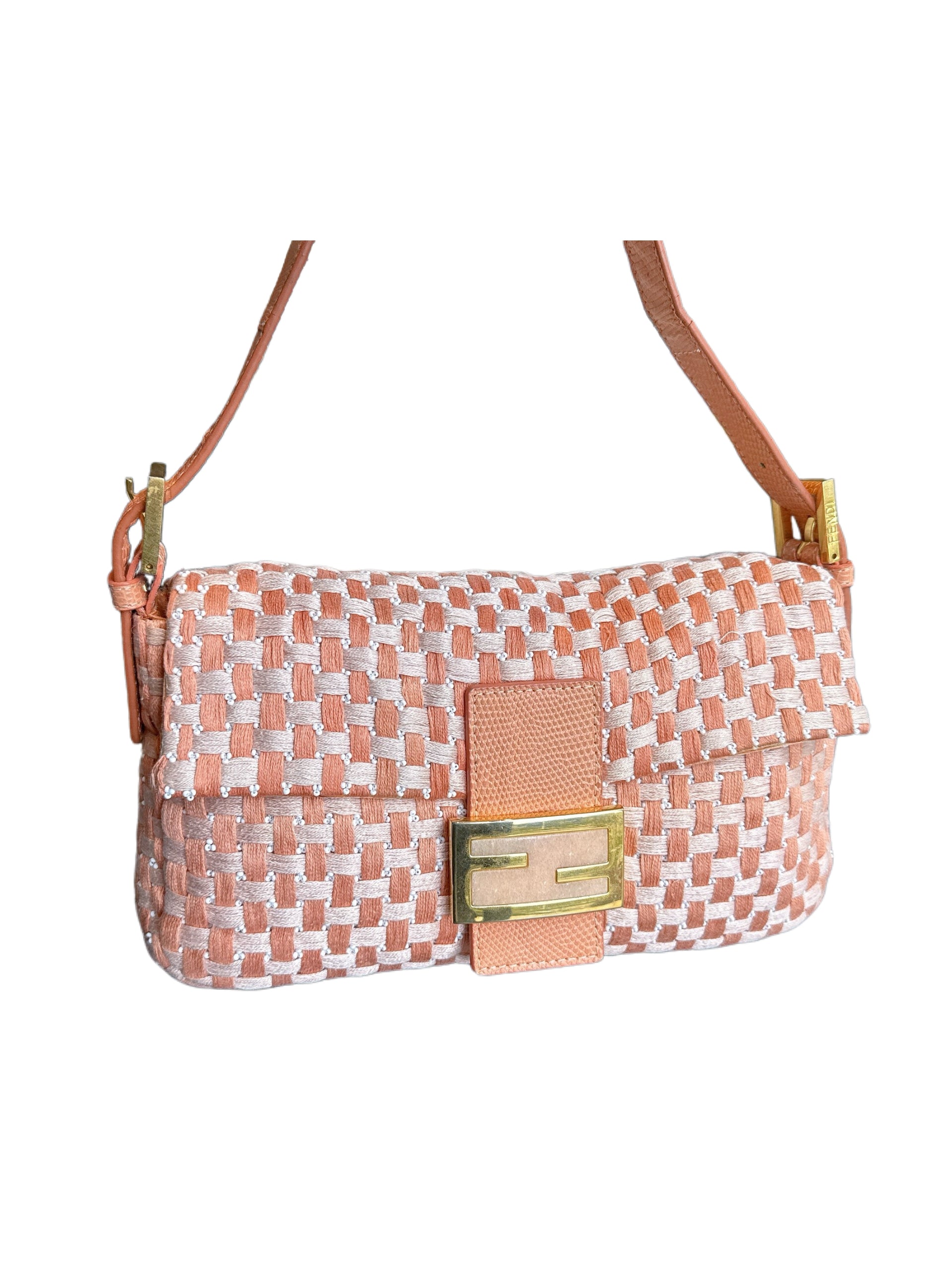 Fendi Vintage Woven Baguette Bag Orange Raffia Leather FF Logo Shoulder Bag Rare Piece