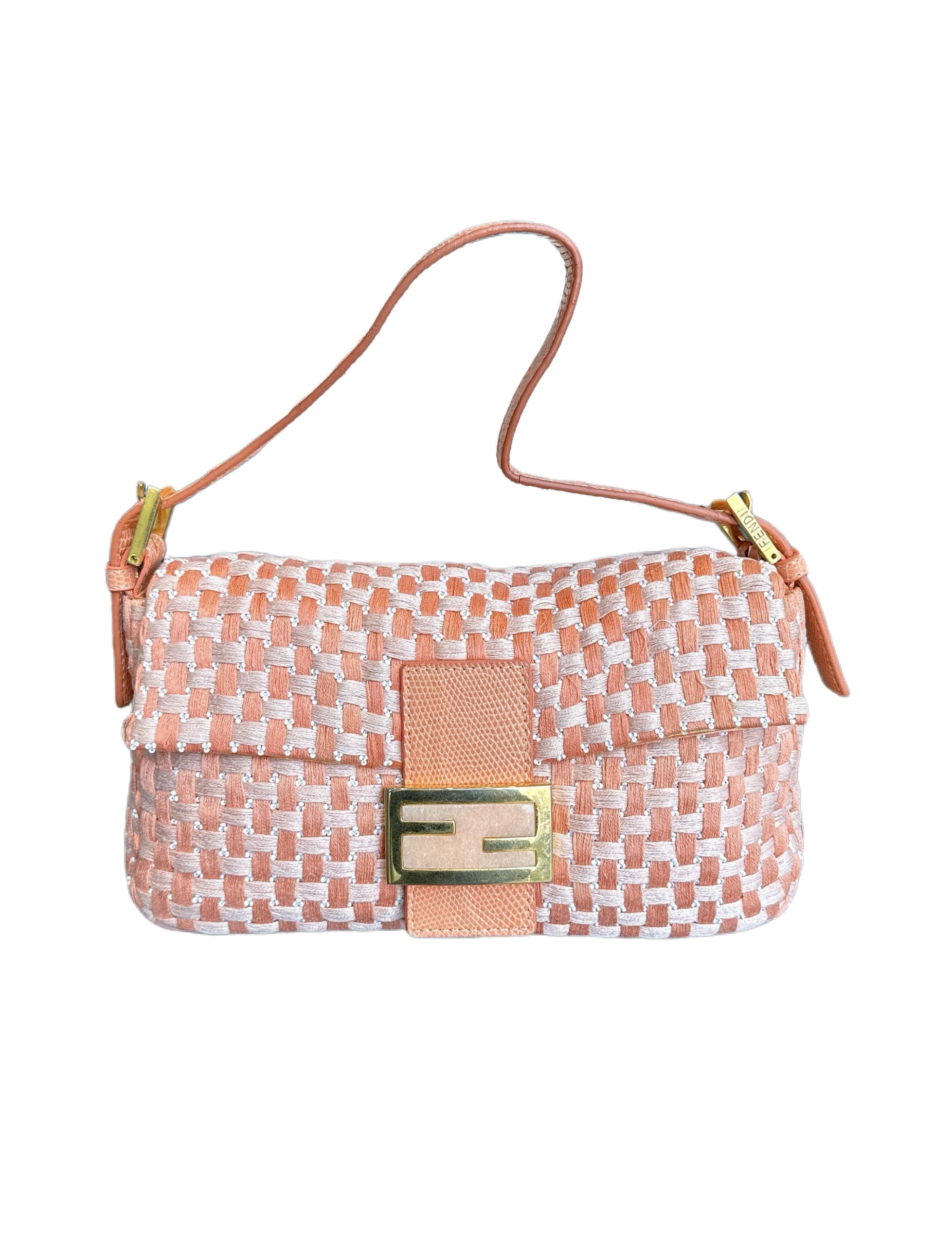 Fendi Vintage Woven Baguette Bag Orange Raffia Leather FF Logo Shoulder Bag Rare Piece