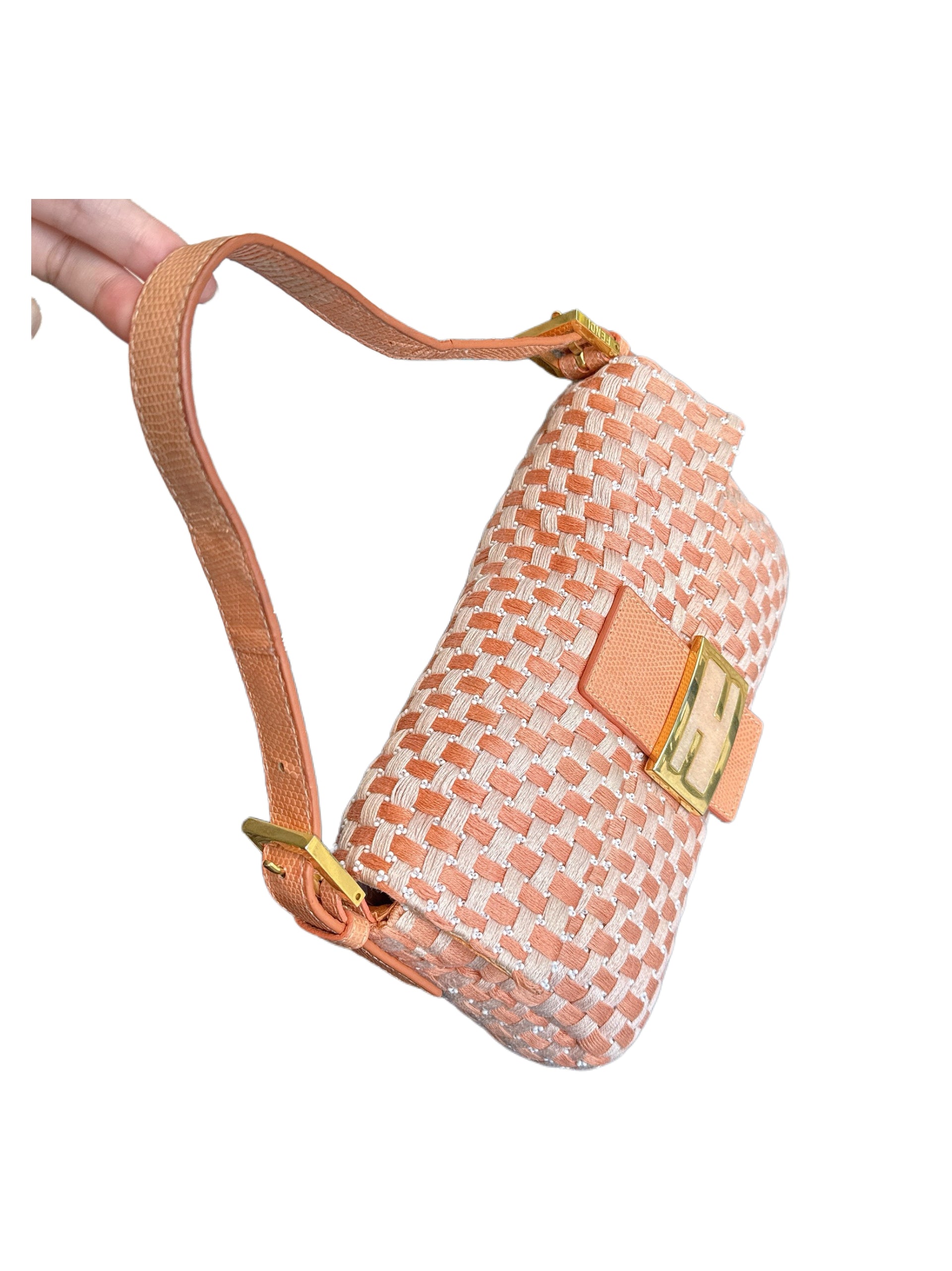 Fendi Vintage Woven Baguette Bag Orange Raffia Leather FF Logo Shoulder Bag Rare Piece