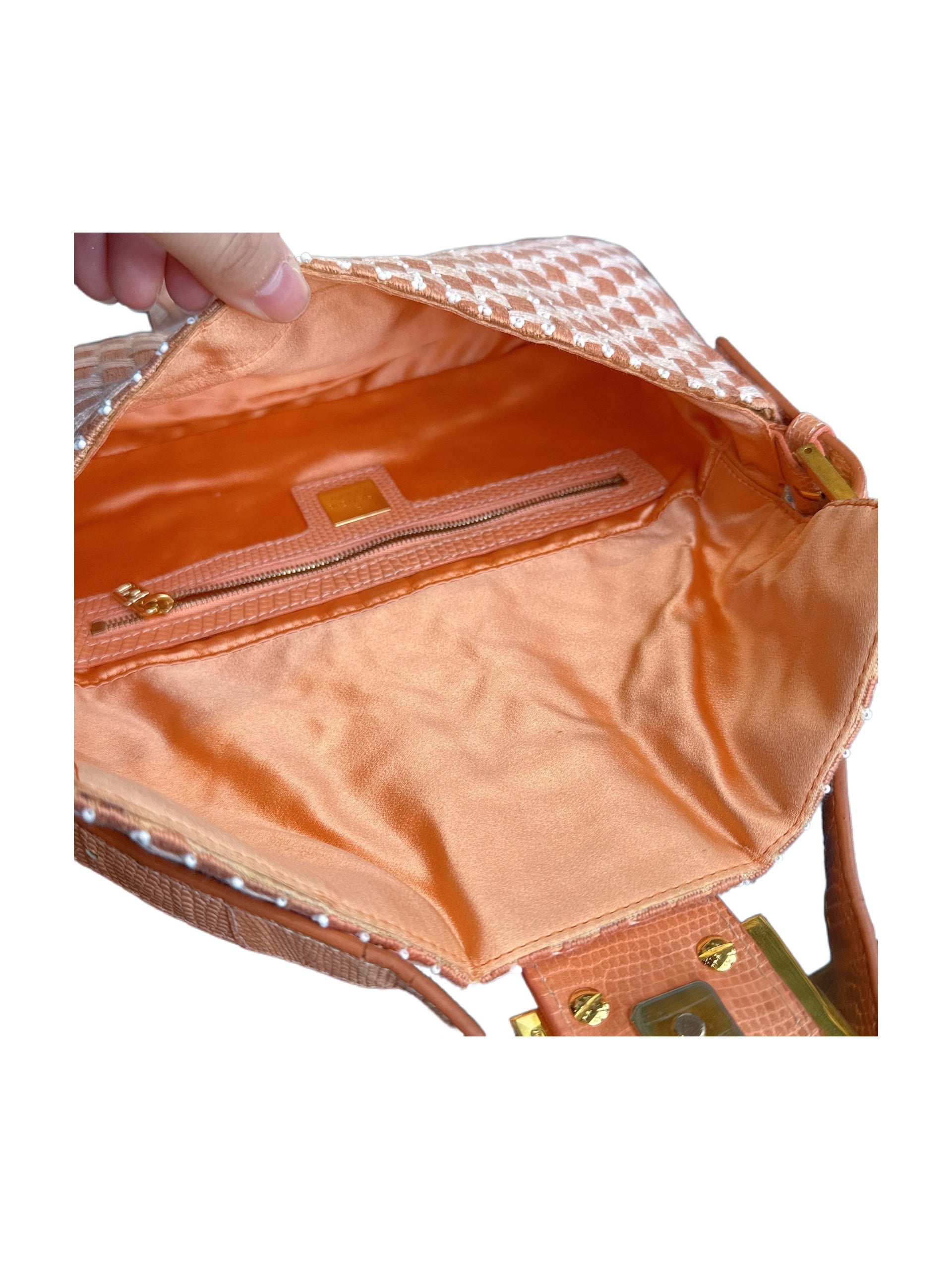 Fendi Vintage Woven Baguette Bag Orange Raffia Leather FF Logo Shoulder Bag Rare Piece
