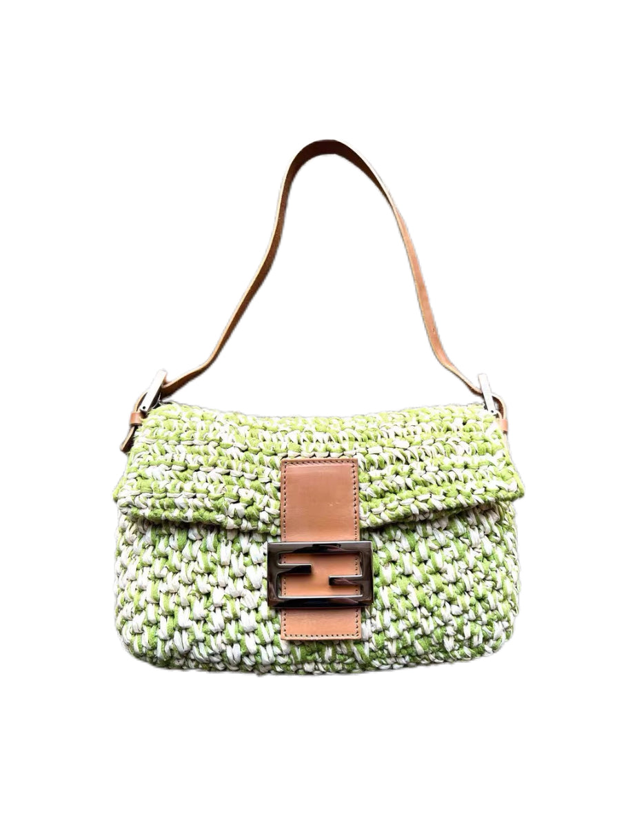 Fendi Vintage Green White Woven Baguette Bag Limited Edition Mini Shoulder Bag Rare Summer Piece