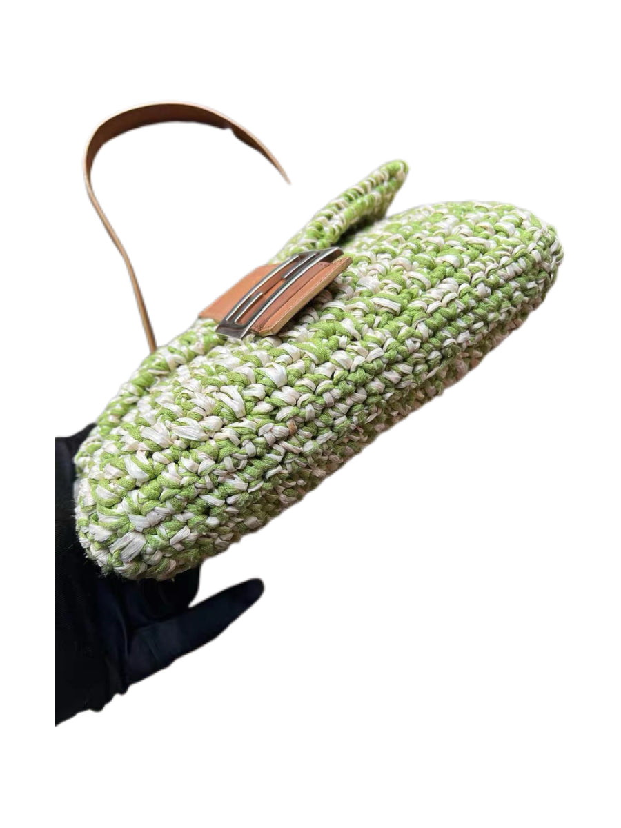 Fendi Vintage Green White Woven Baguette Bag Limited Edition Mini Shoulder Bag Rare Summer Piece