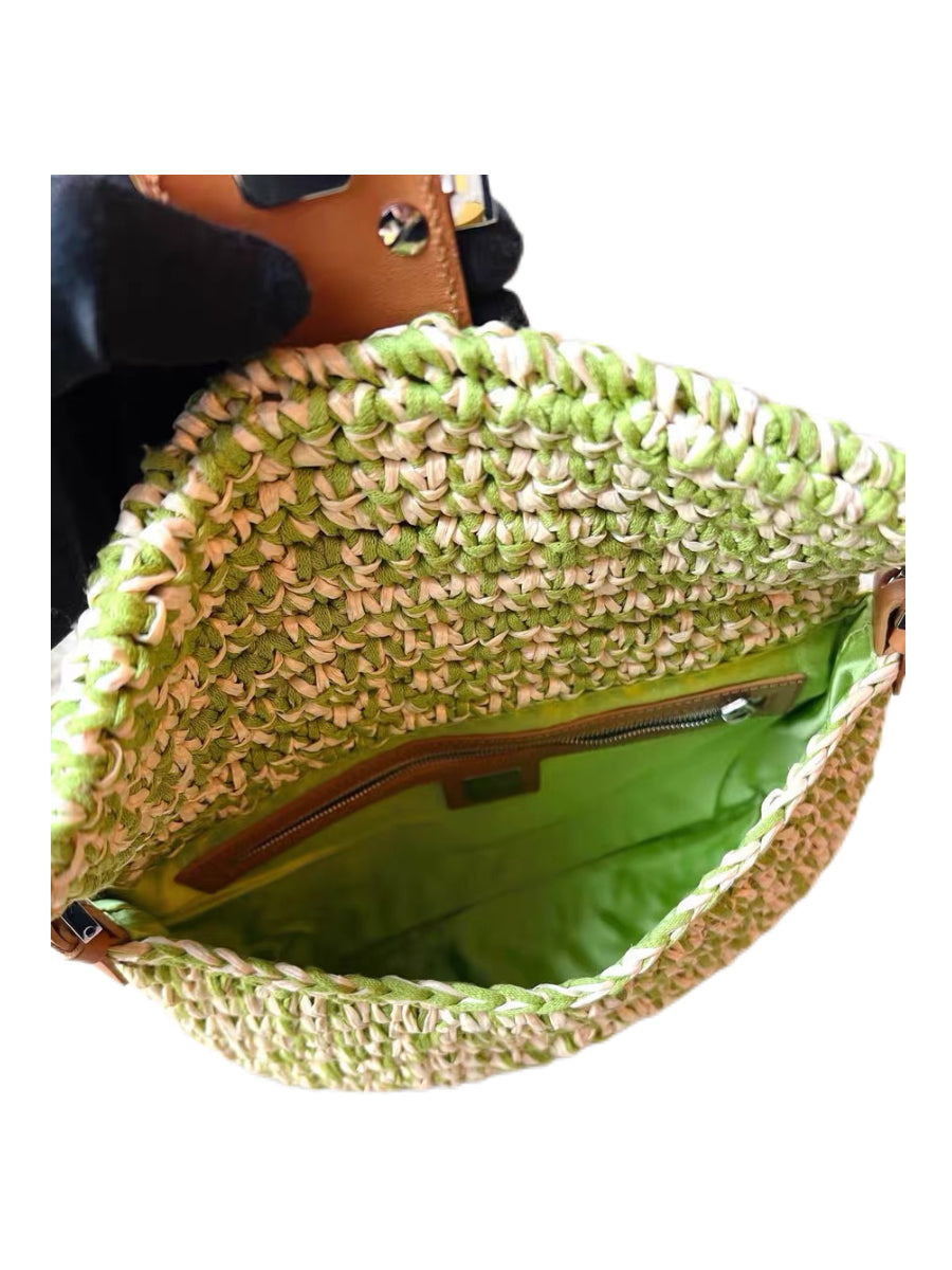 Fendi Vintage Green White Woven Baguette Bag Limited Edition Mini Shoulder Bag Rare Summer Piece
