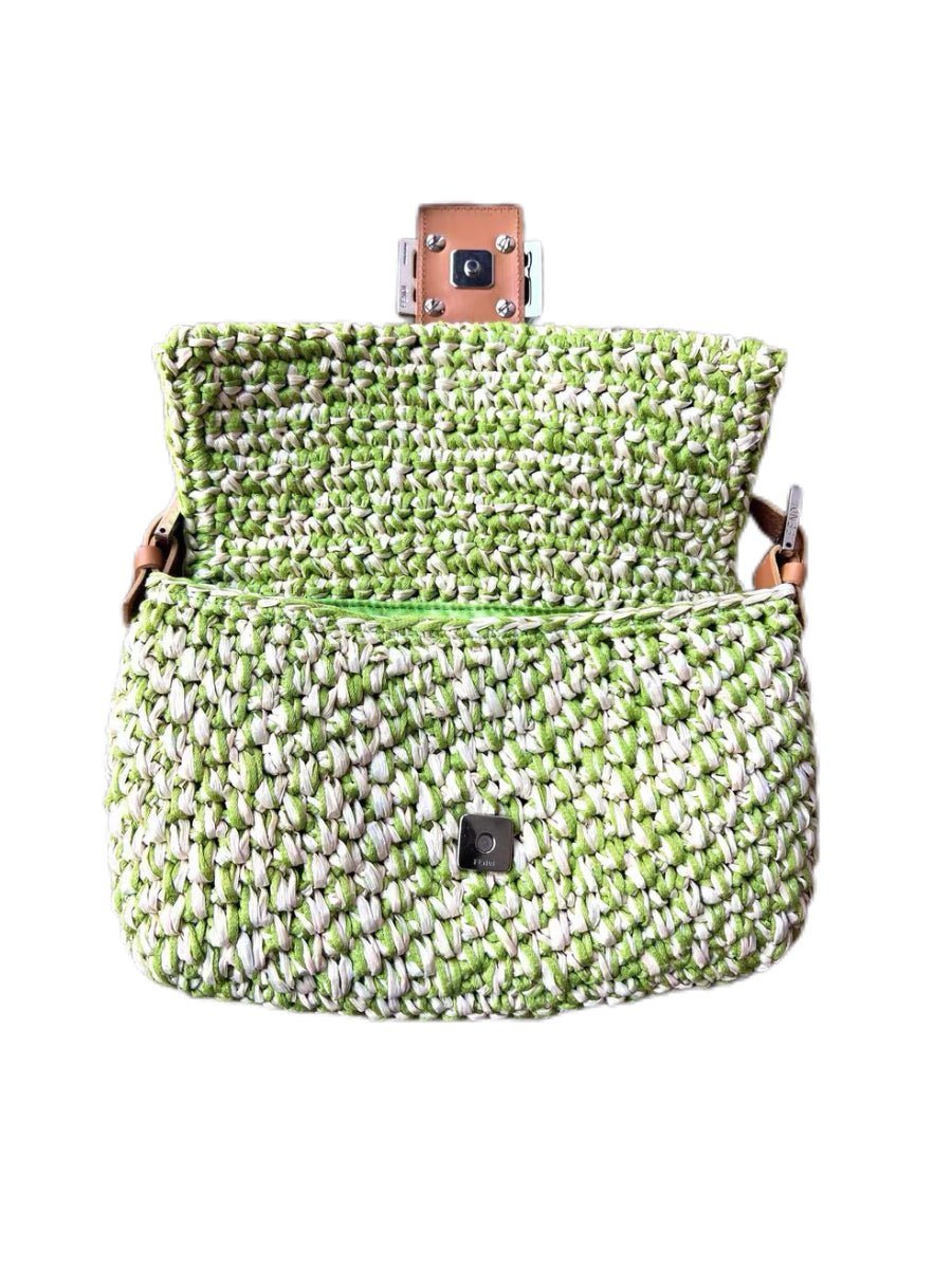 Fendi Vintage Green White Woven Baguette Bag Limited Edition Mini Shoulder Bag Rare Summer Piece