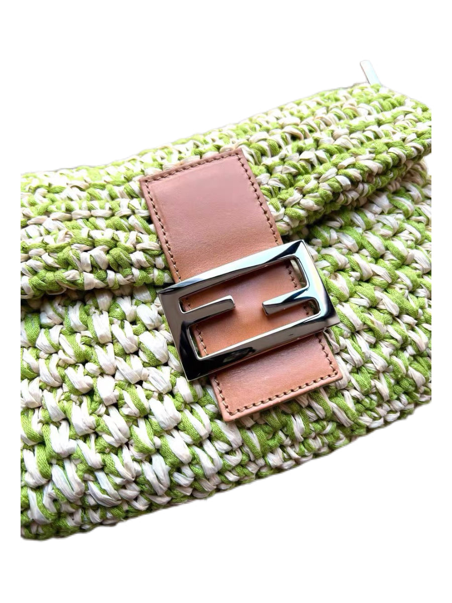 Fendi Vintage Green White Woven Baguette Bag Limited Edition Mini Shoulder Bag Rare Summer Piece