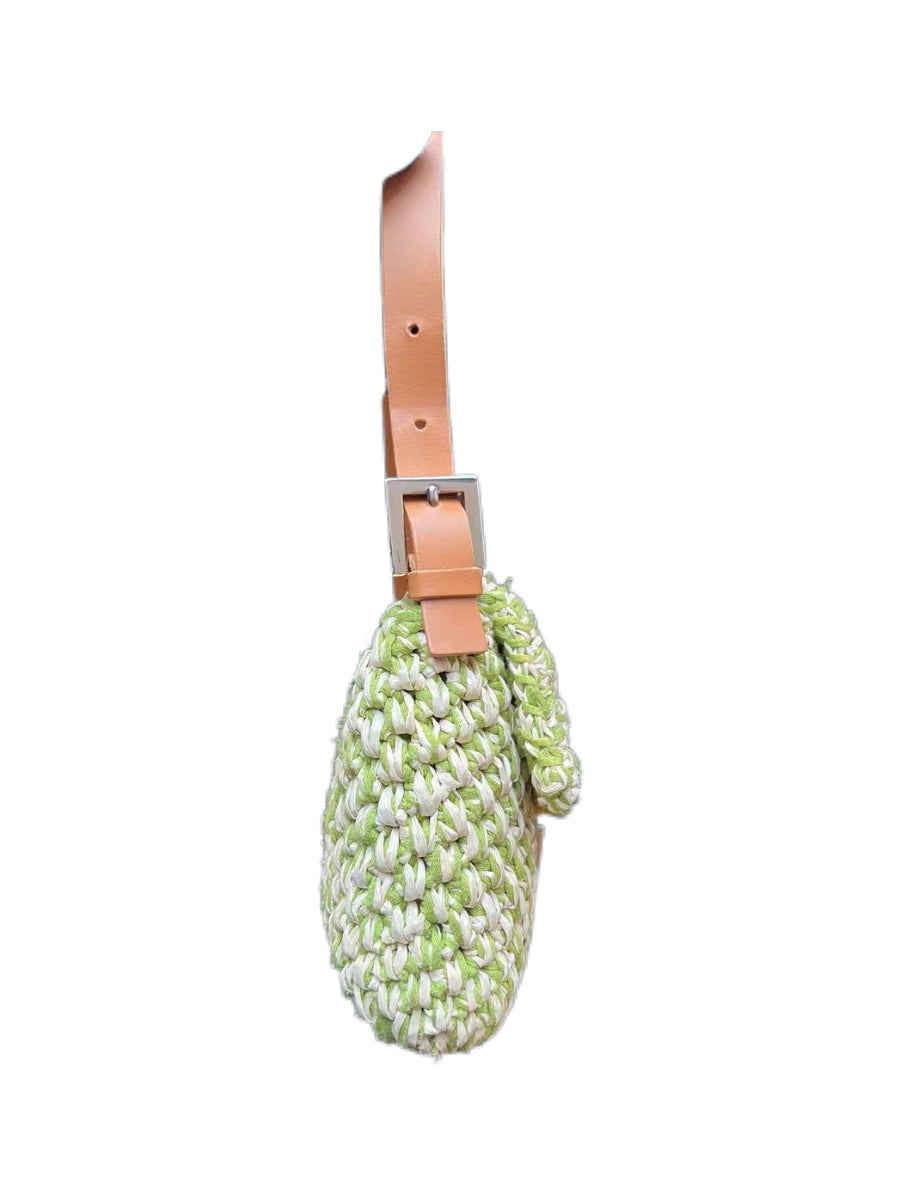 Fendi Vintage Green White Woven Baguette Bag Limited Edition Mini Shoulder Bag Rare Summer Piece