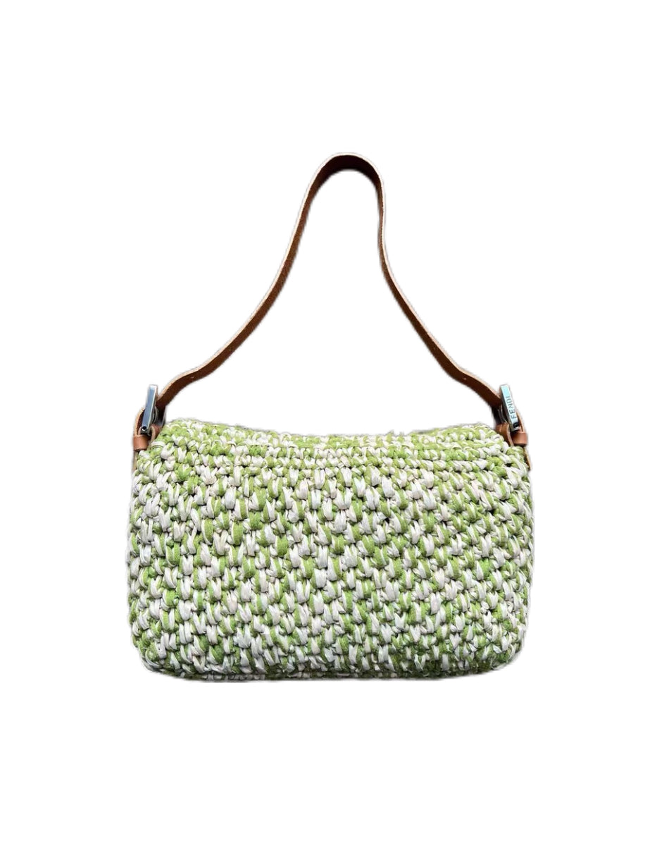 Fendi Vintage Green White Woven Baguette Bag Limited Edition Mini Shoulder Bag Rare Summer Piece
