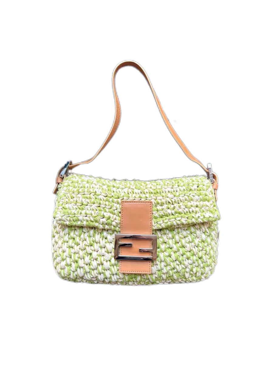 Fendi Vintage Green White Woven Baguette Bag Limited Edition Mini Shoulder Bag Rare Summer Piece