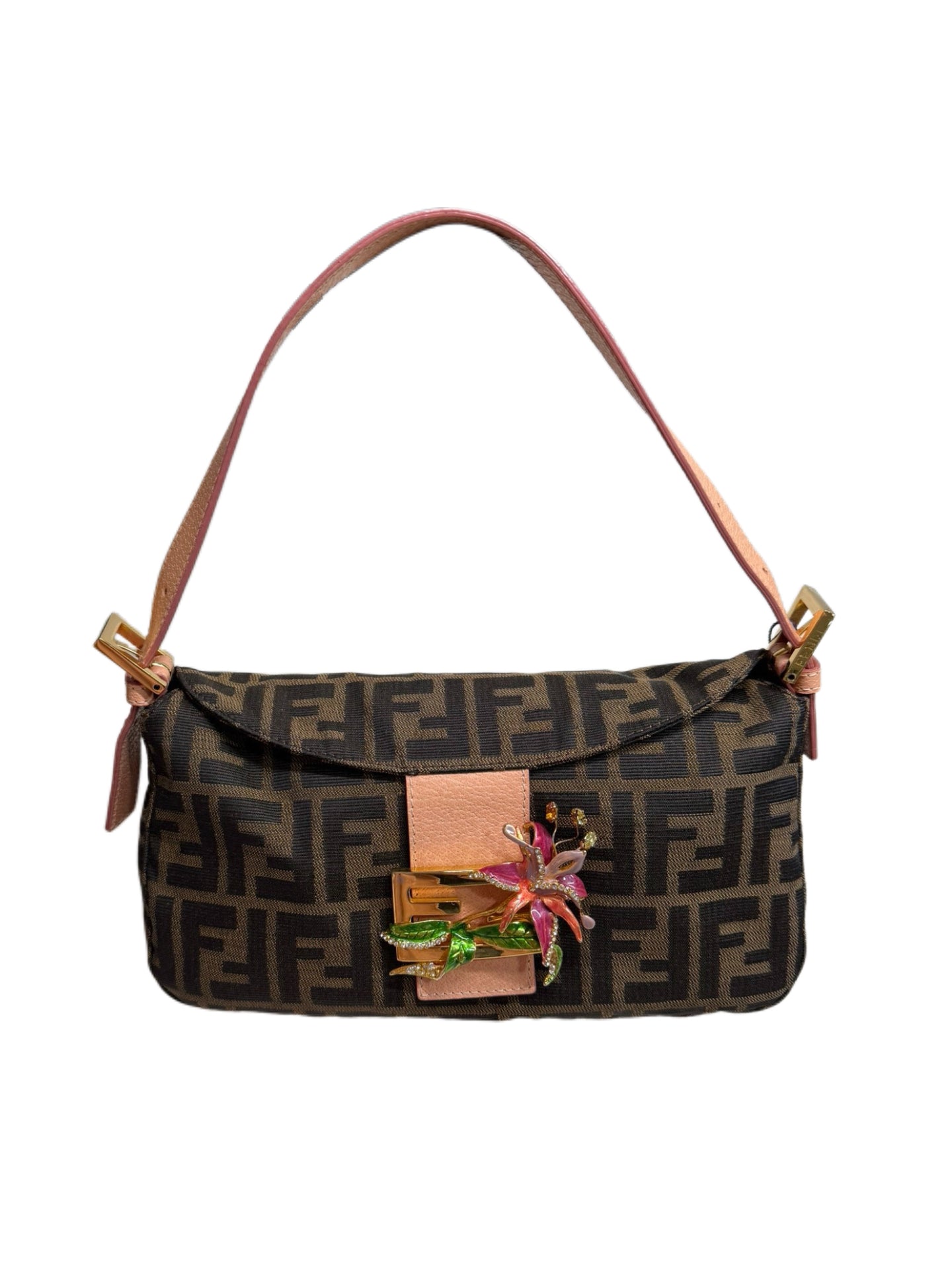 Fendi Vintage Zucca Baguette Bag 3D Floral Metal Clasp Rare Embellished FF Logo Shoulder Bag Y2K Archive Piece