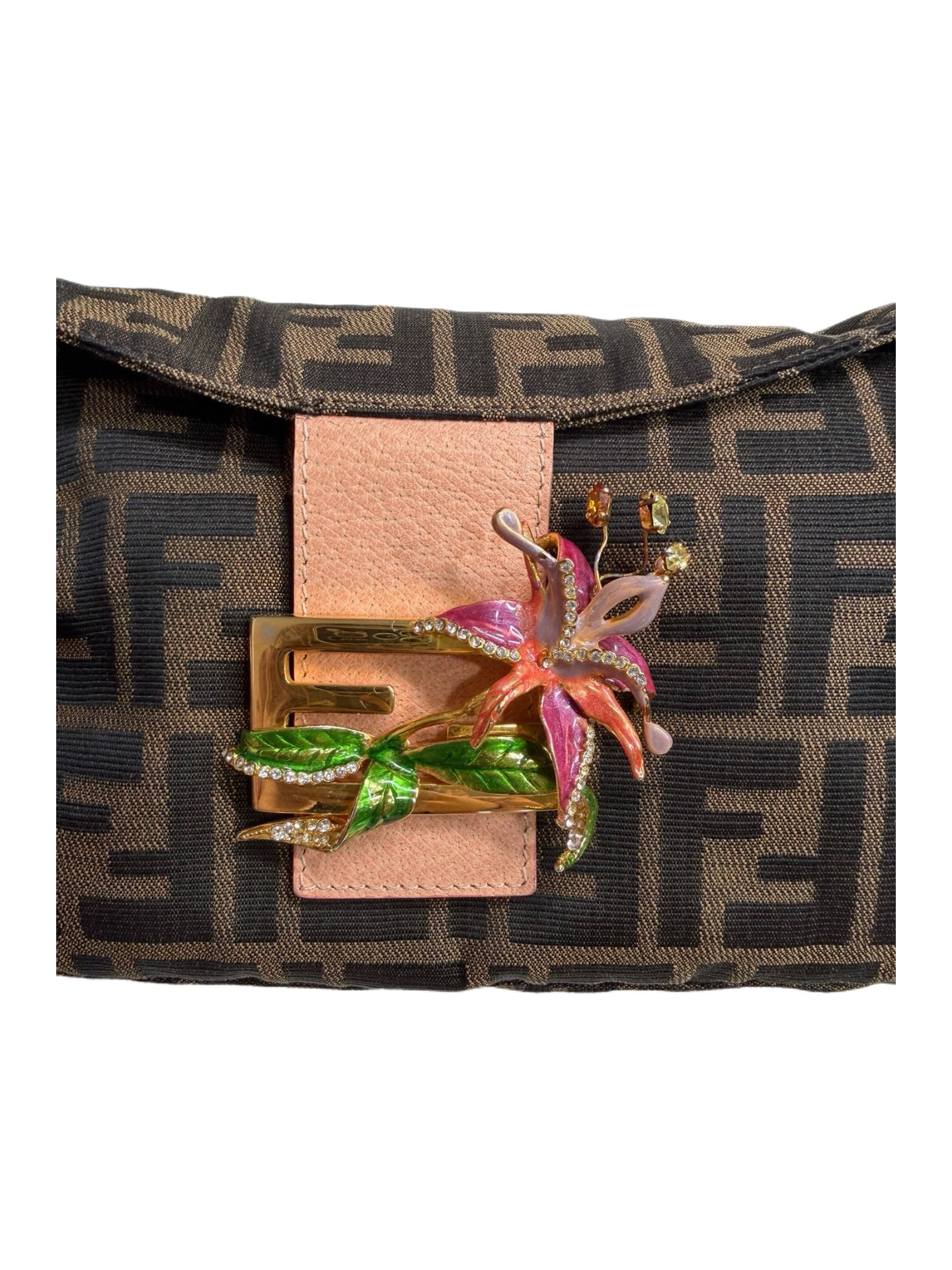 Fendi Vintage Zucca Baguette Bag 3D Floral Metal Clasp Rare Embellished FF Logo Shoulder Bag Y2K Archive Piece