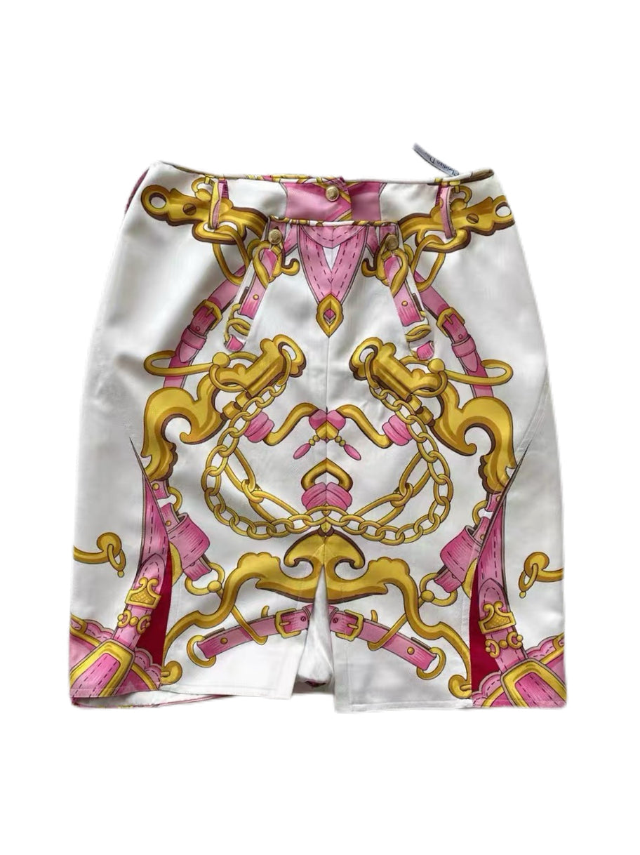 Christian Dior by John Galliano 2000 Runway Pink Heart Chain Silk Skirt – Rare Equestrian Print Asymmetric Piece