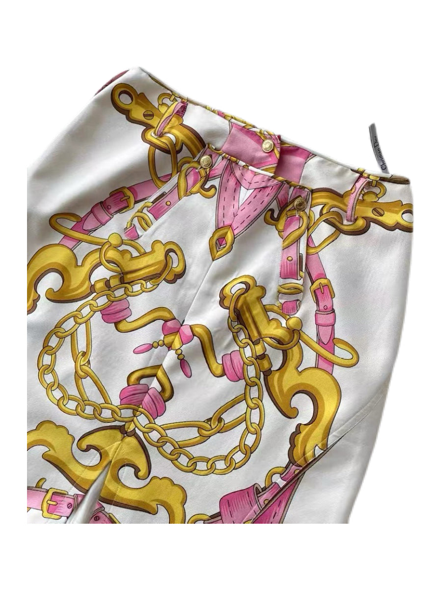 Christian Dior by John Galliano 2000 Runway Pink Heart Chain Silk Skirt – Rare Equestrian Print Asymmetric Piece